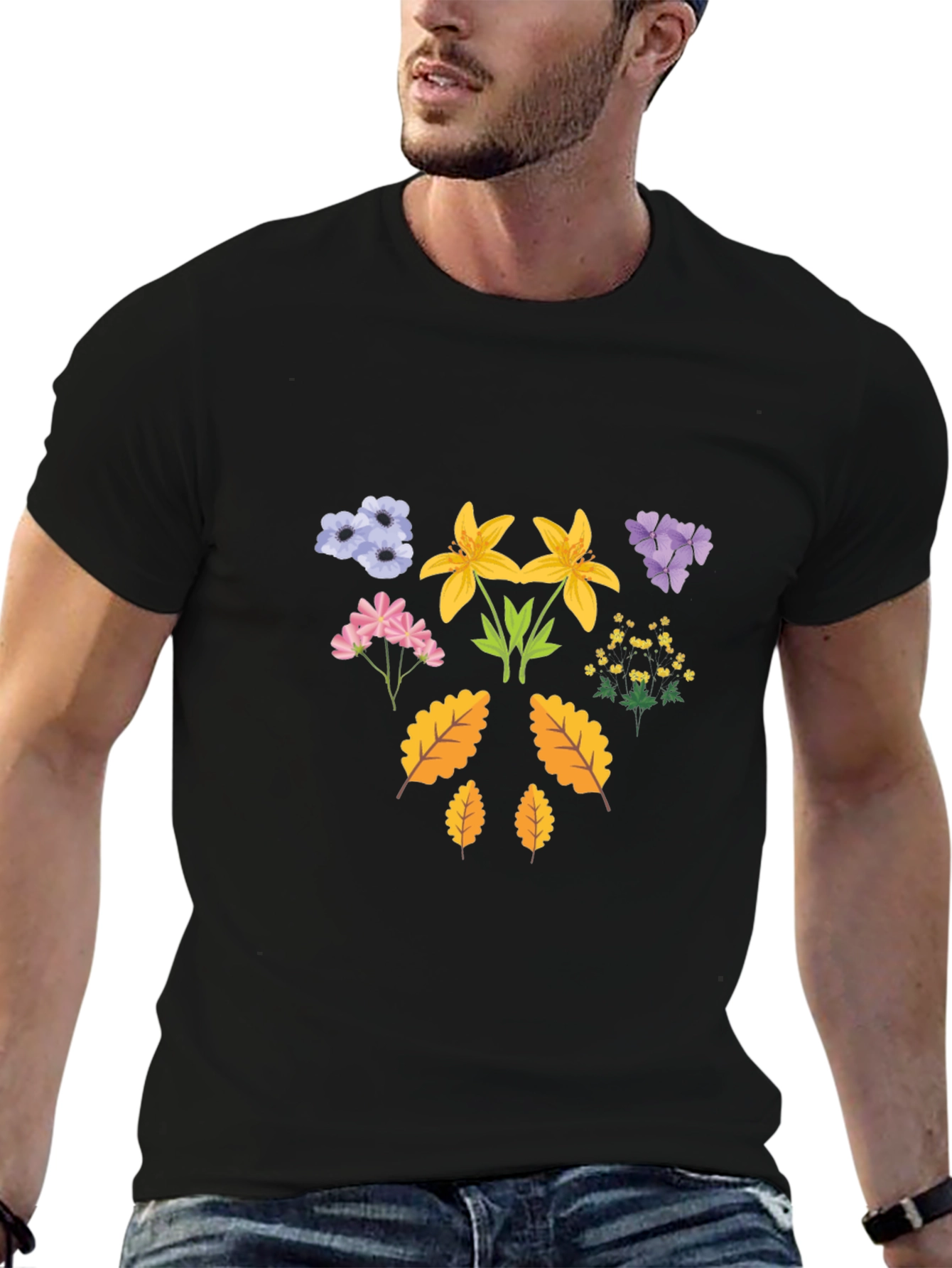 Black Floral Print T-Shirt - Botanical Design view 6