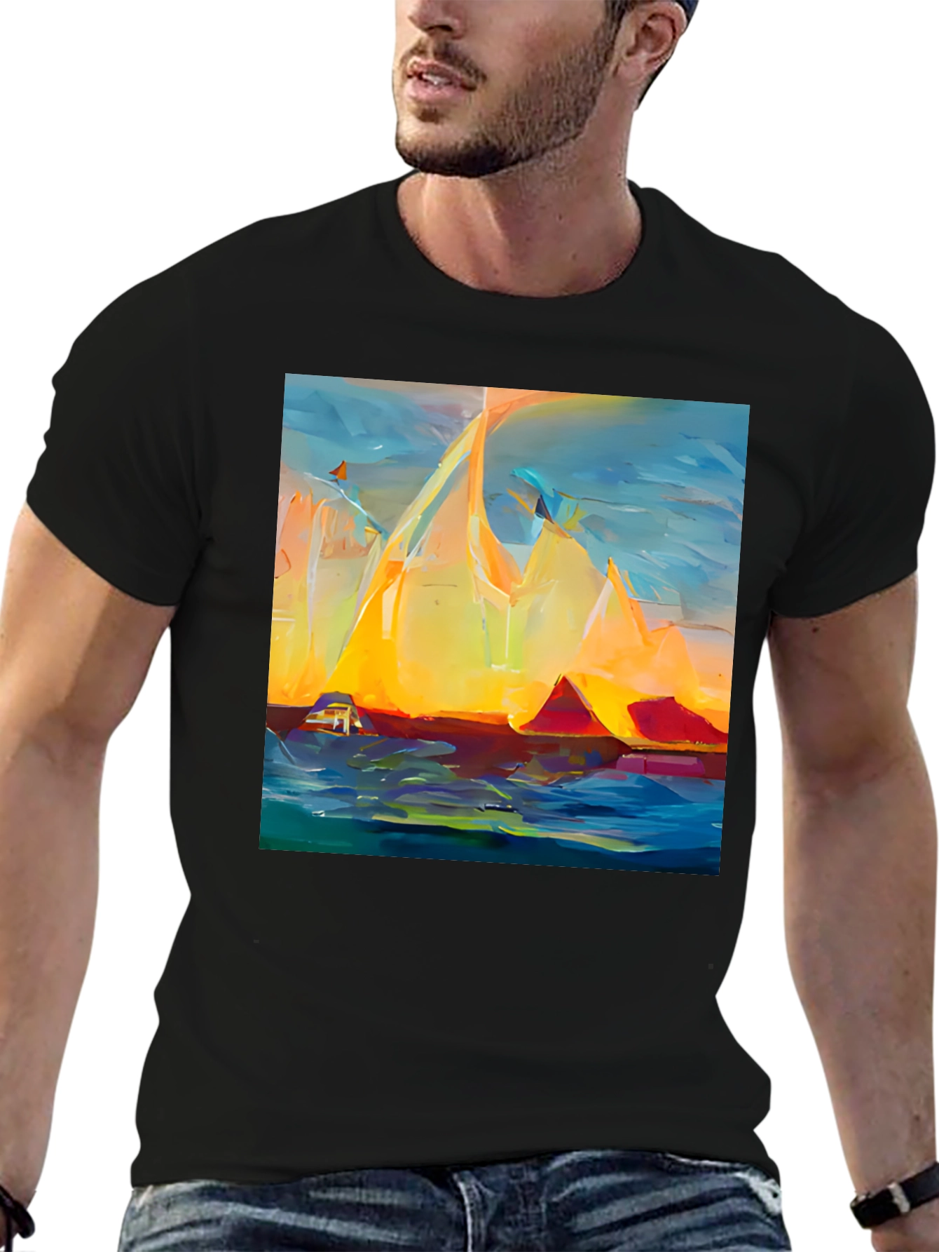 Black Abstract Mountain Sunset T-Shirt view 6