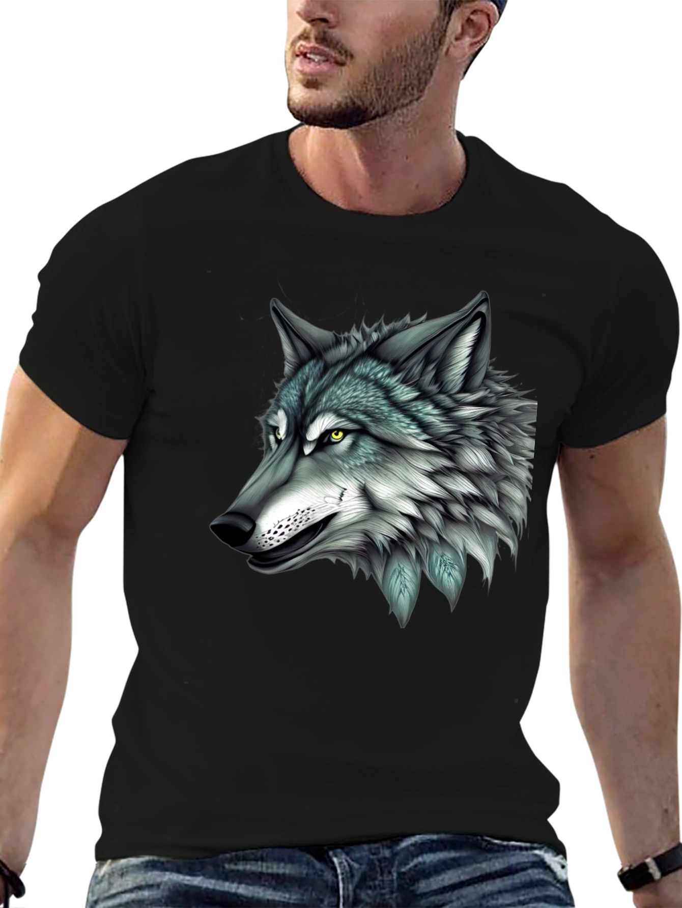 Black Wolf Graphic Print Black T-Shirt for Men view 6