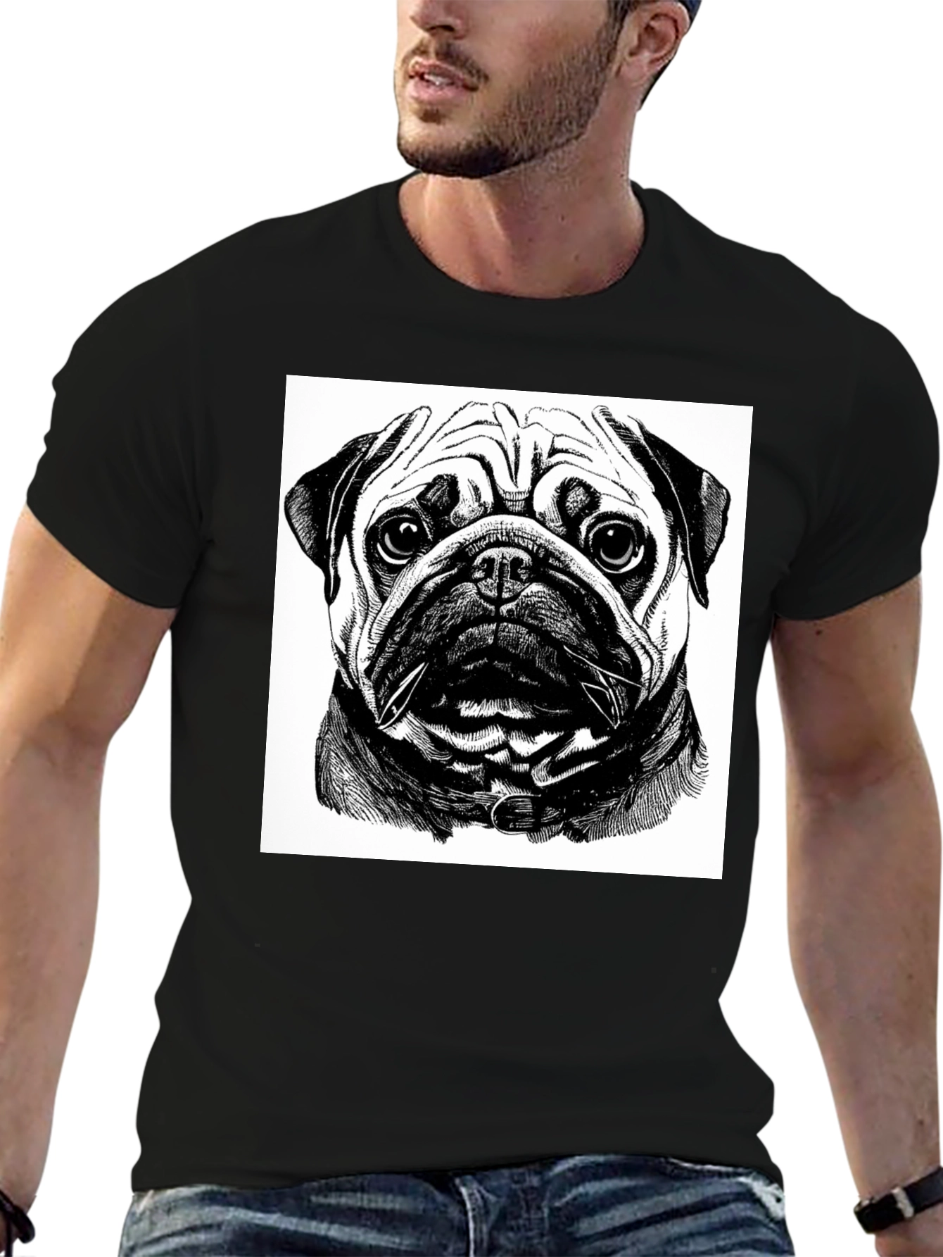 Black Pug Portrait Graphic Black T-Shirt view 6