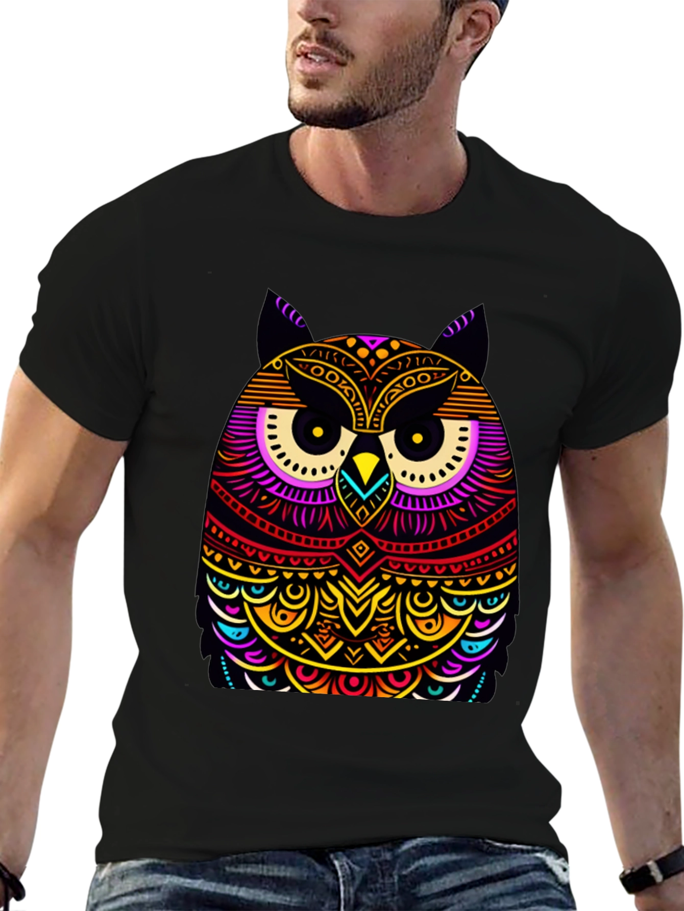 Black Vibrant Owl Graphic Black T-Shirt view 6
