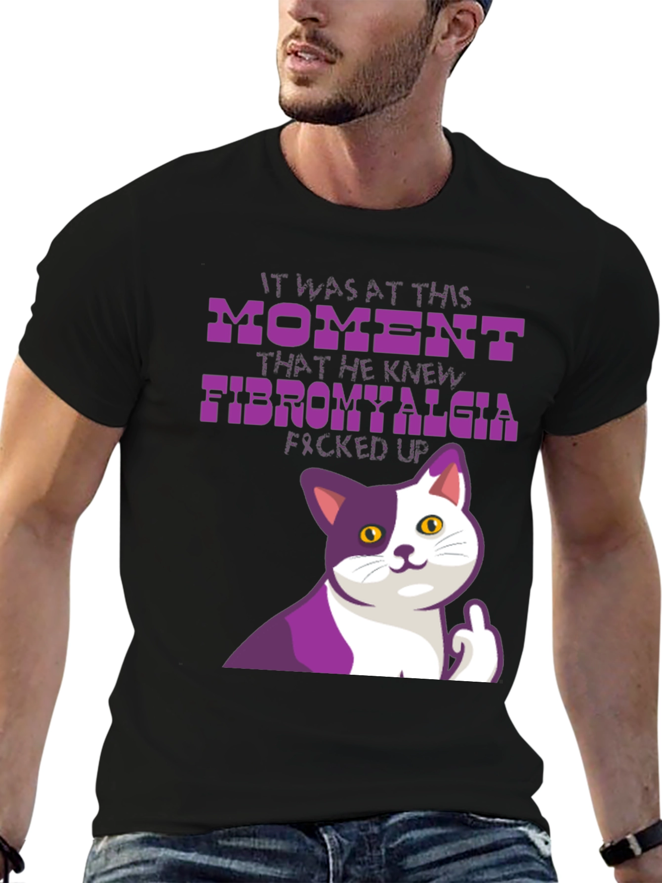 Black Funny Fibromyalgia Cat T-Shirt view 6