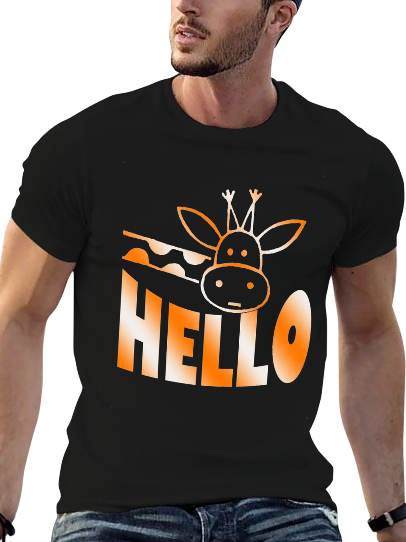 Black Hello Giraffe Graphic Tee - Black Cotton T-Shirt view 6