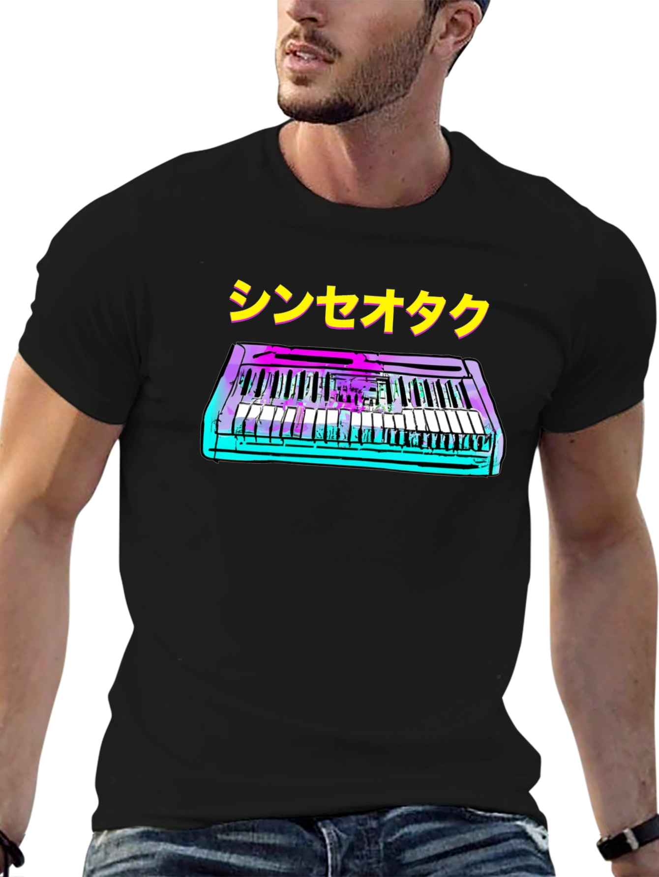 Black Synthwave Keyboard T-Shirt - Retro Music Style view 6