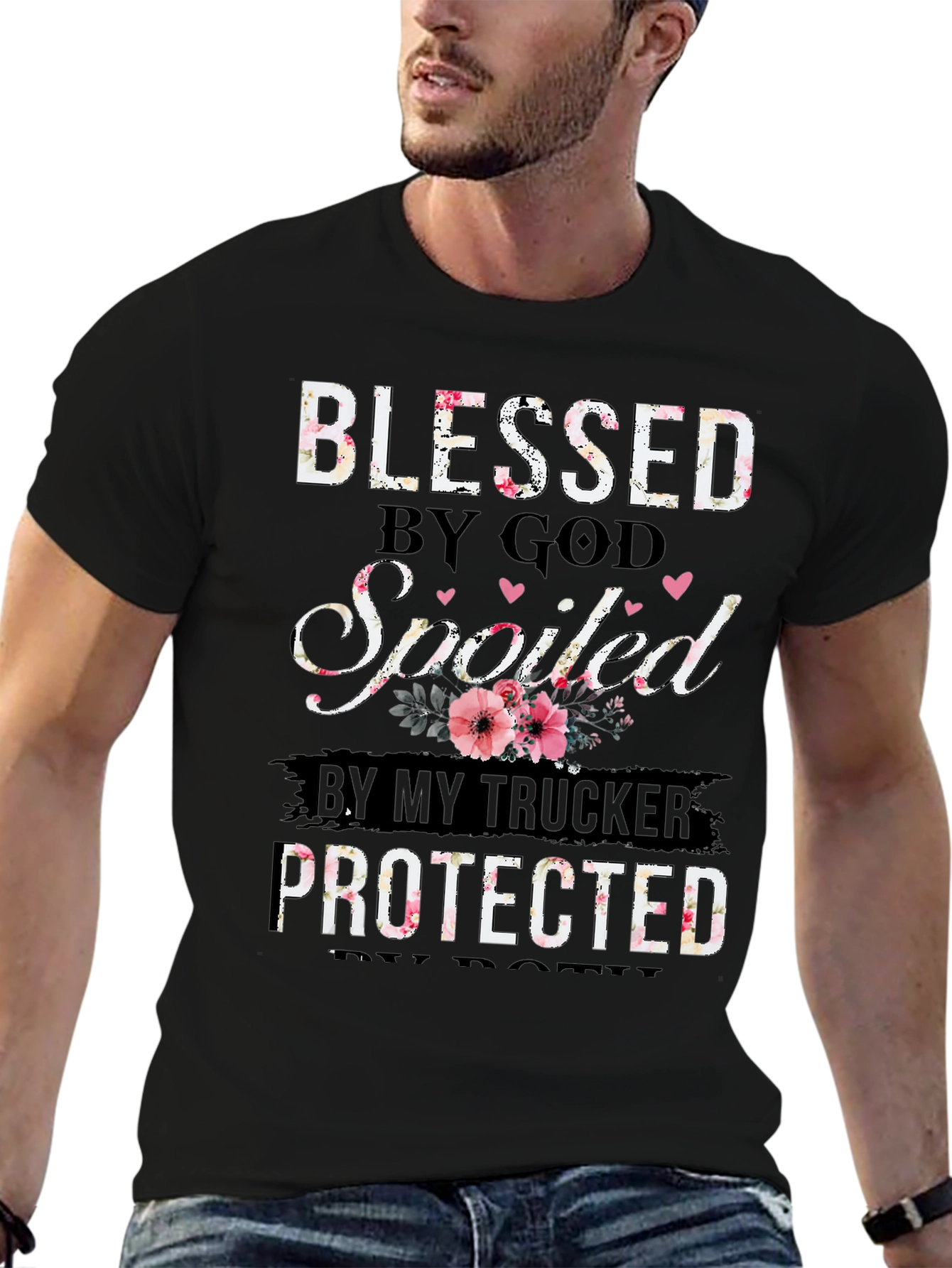 Black Blessed by God Trucker T-Shirt view 6