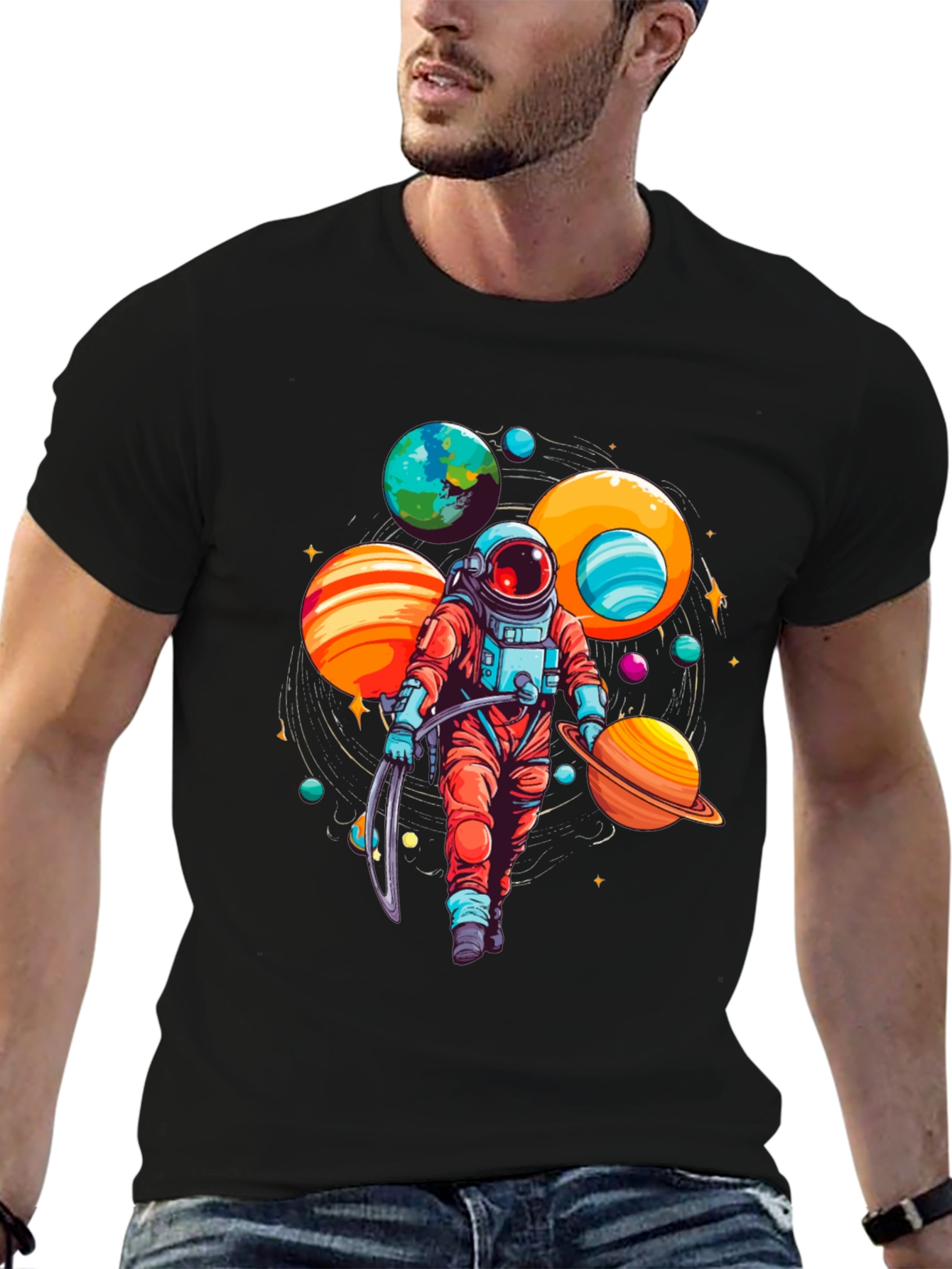 Black Astronaut Planets Graphic Tee - Space Lover T-Shirt view 6