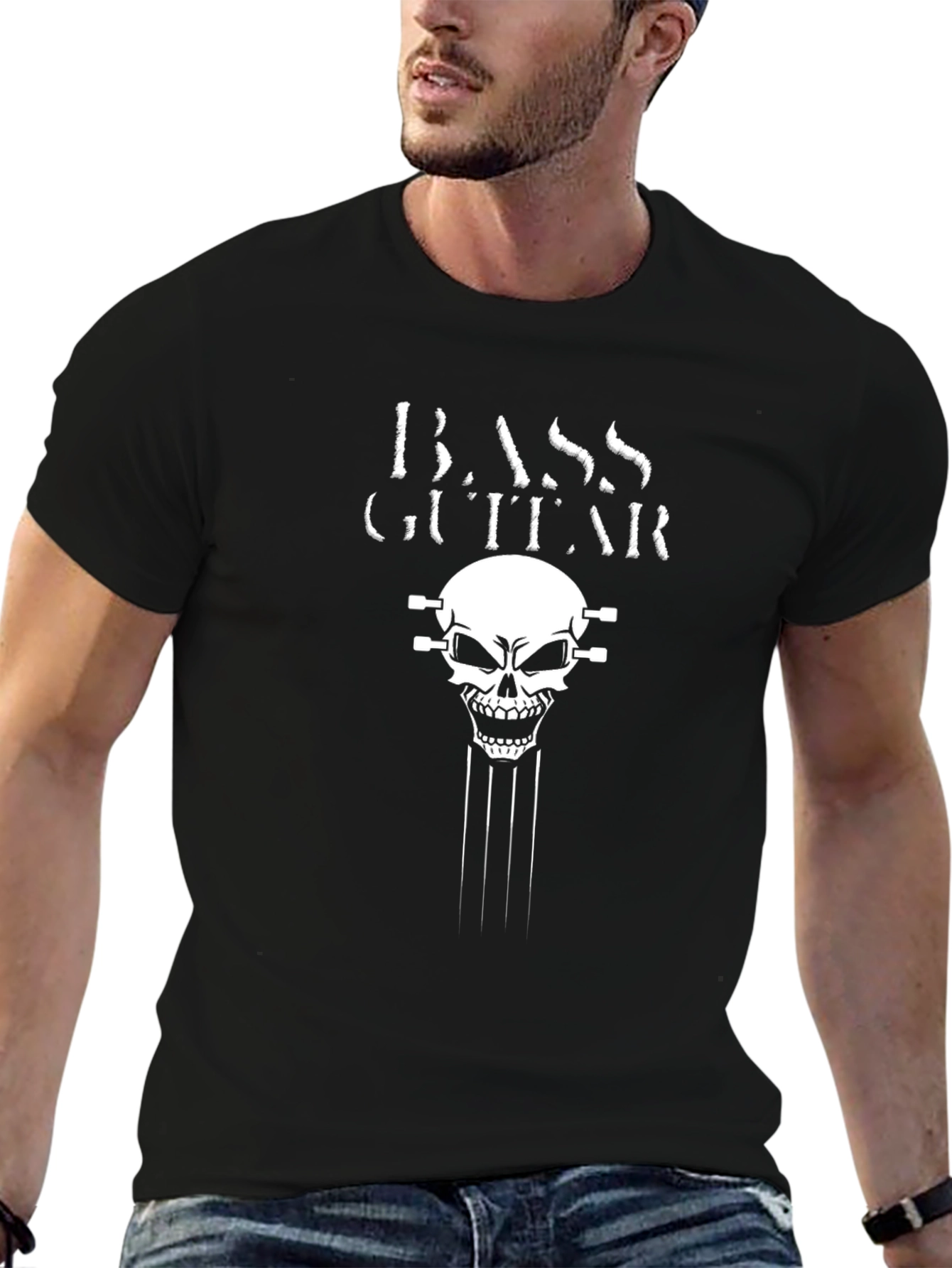 Black Bass Guitar Skull Graphic T-Shirt - Black view 6