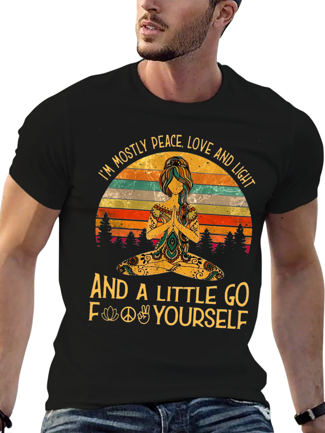Black Peace Love Light Funny Yoga Graphic T-Shirt view 6