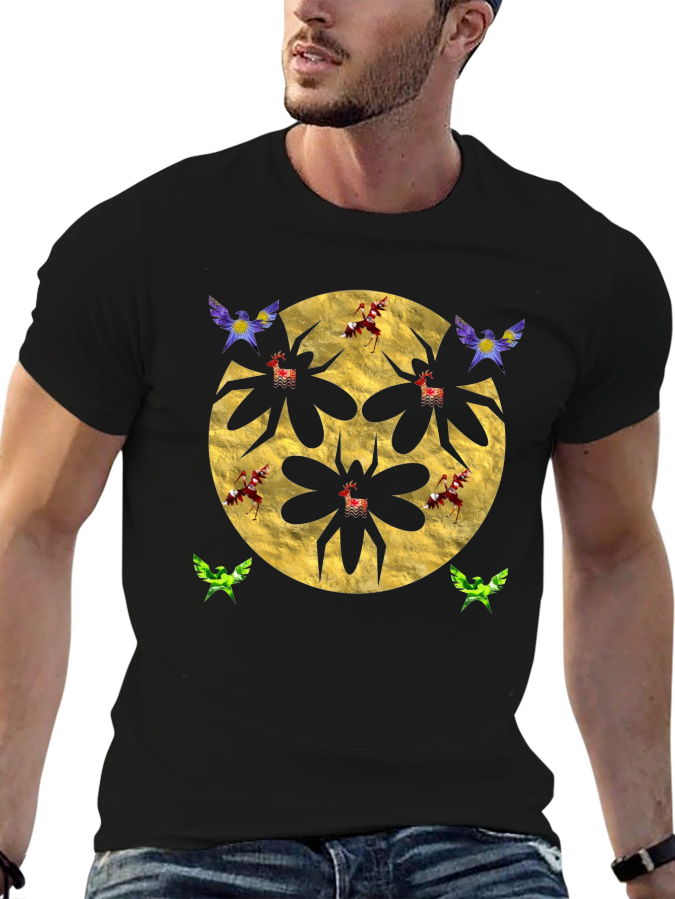 Black Stylish Graphic T-Shirt with Dragonfly Motif view 6