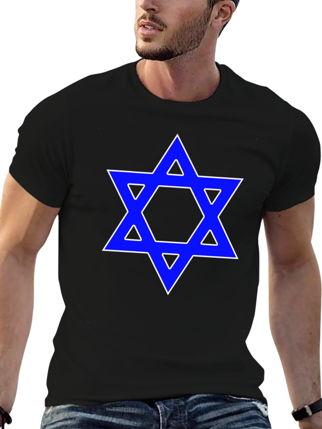 Black Star of David Graphic Tee - Blue Design on Black Shirt view 6