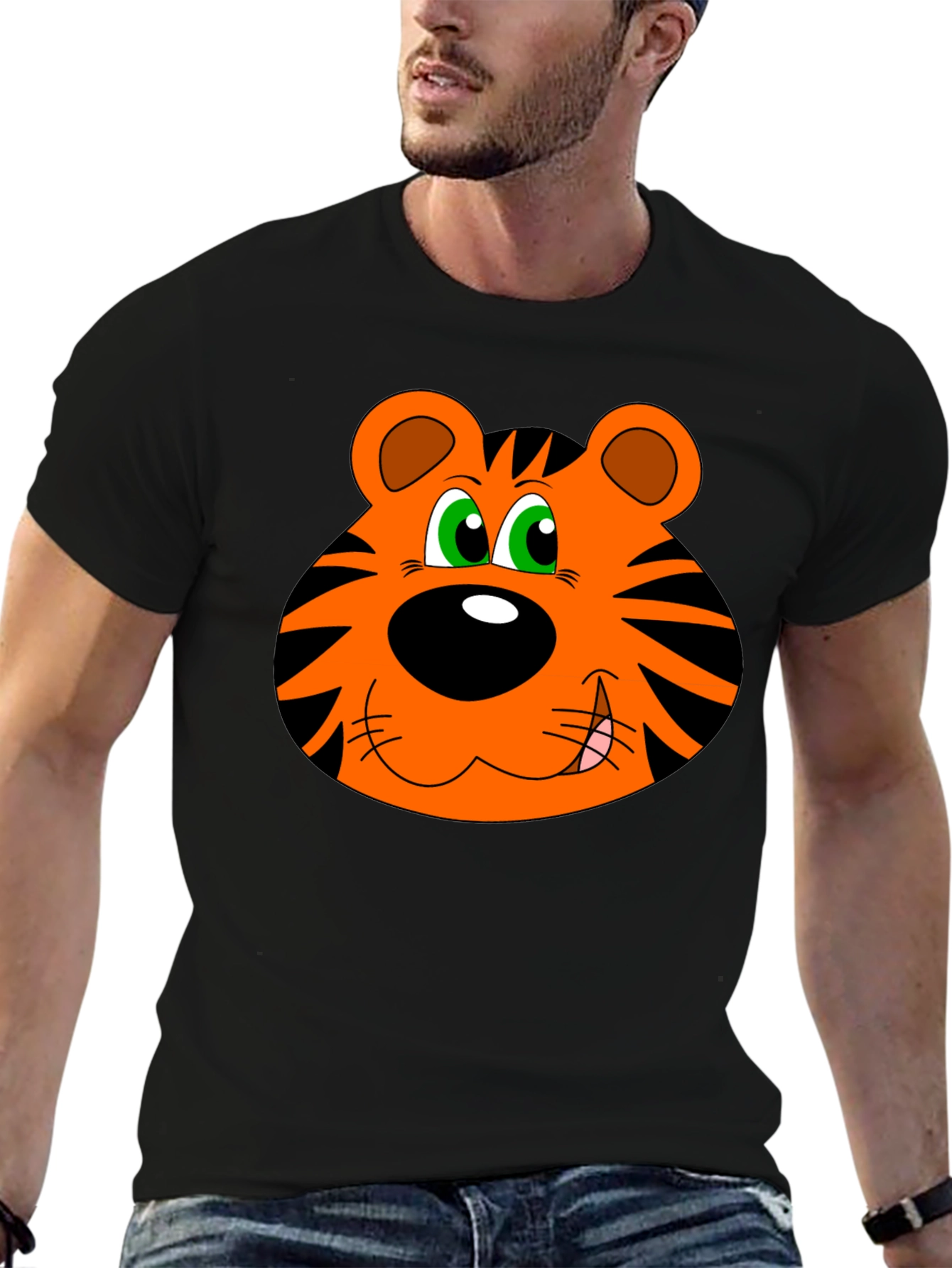 Black Cartoon Tiger Graphic T-Shirt - Black view 6