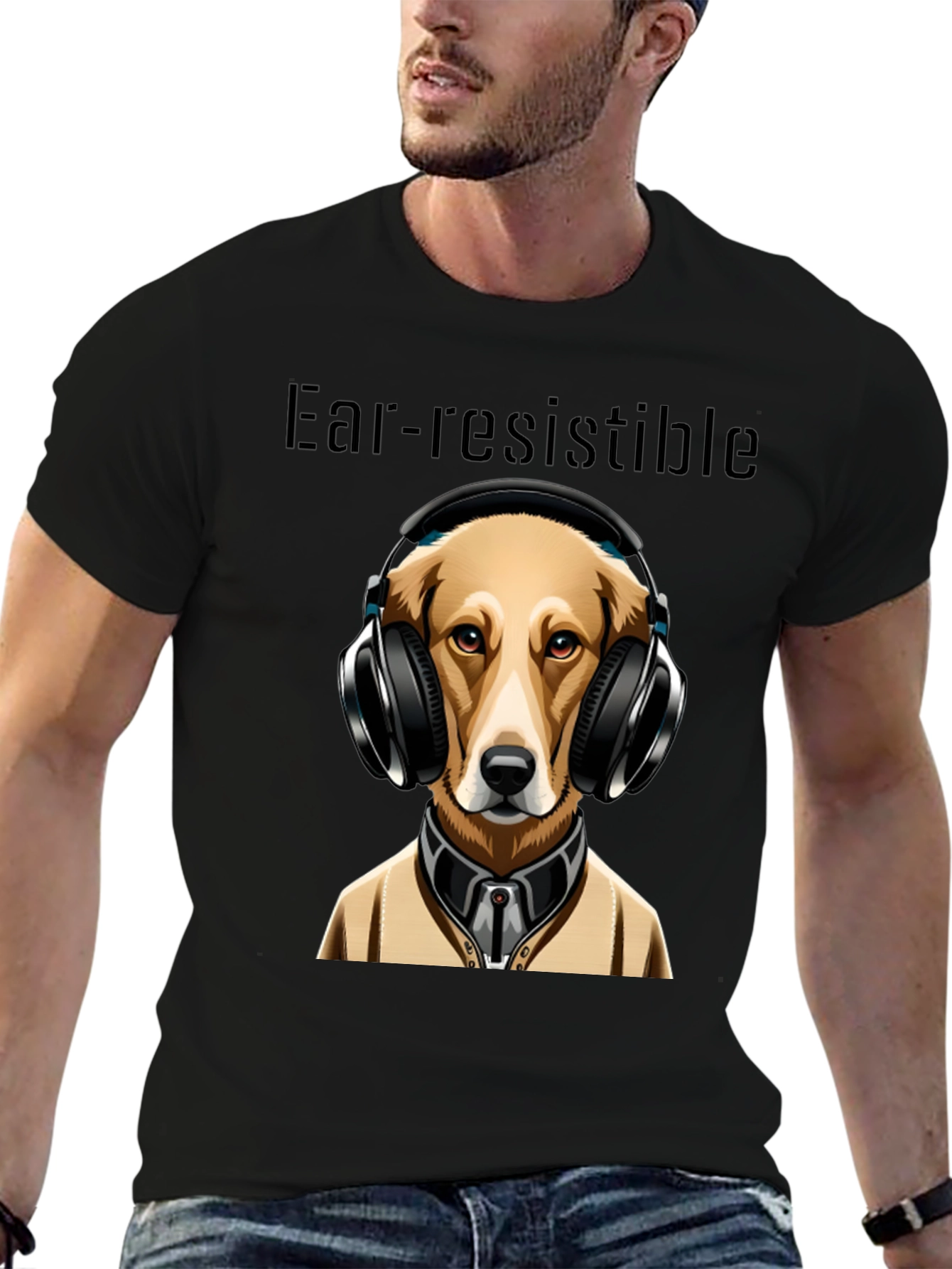 Black Ear-resistible Dog Headphones Graphic Tee view 6