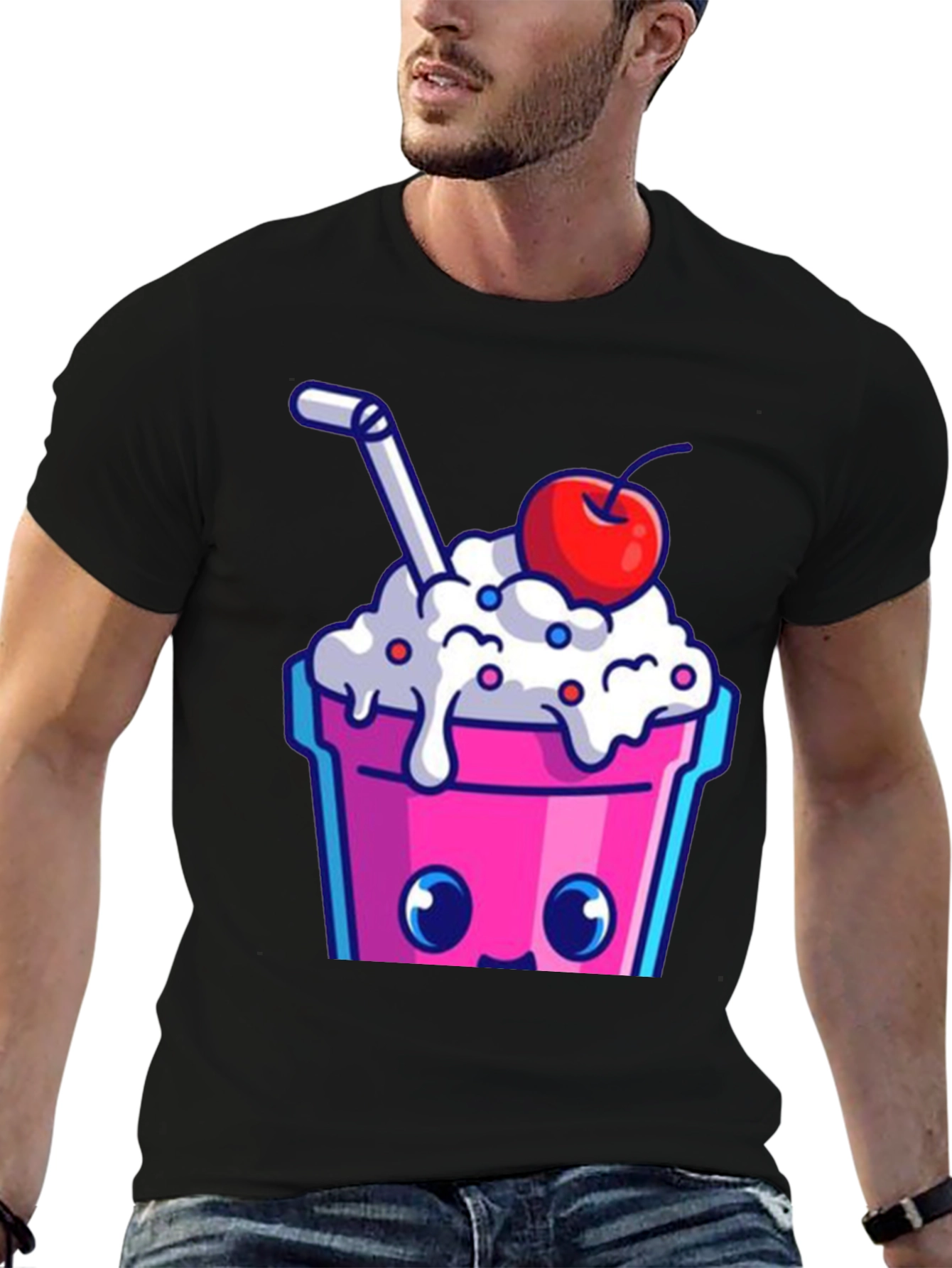 Black Cute Kawaii Milkshake Graphic Tee - Fun Style view 6