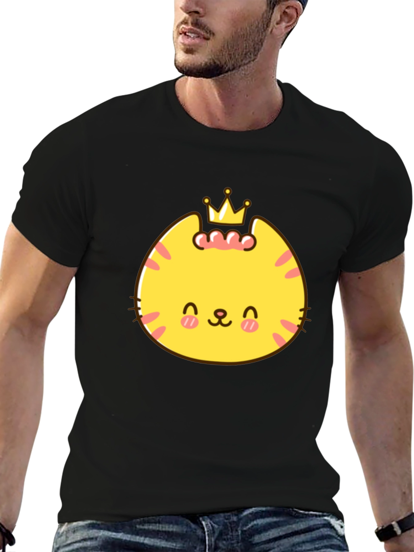 Black Cute Cartoon Crown Cat Graphic Tee - Black view 6