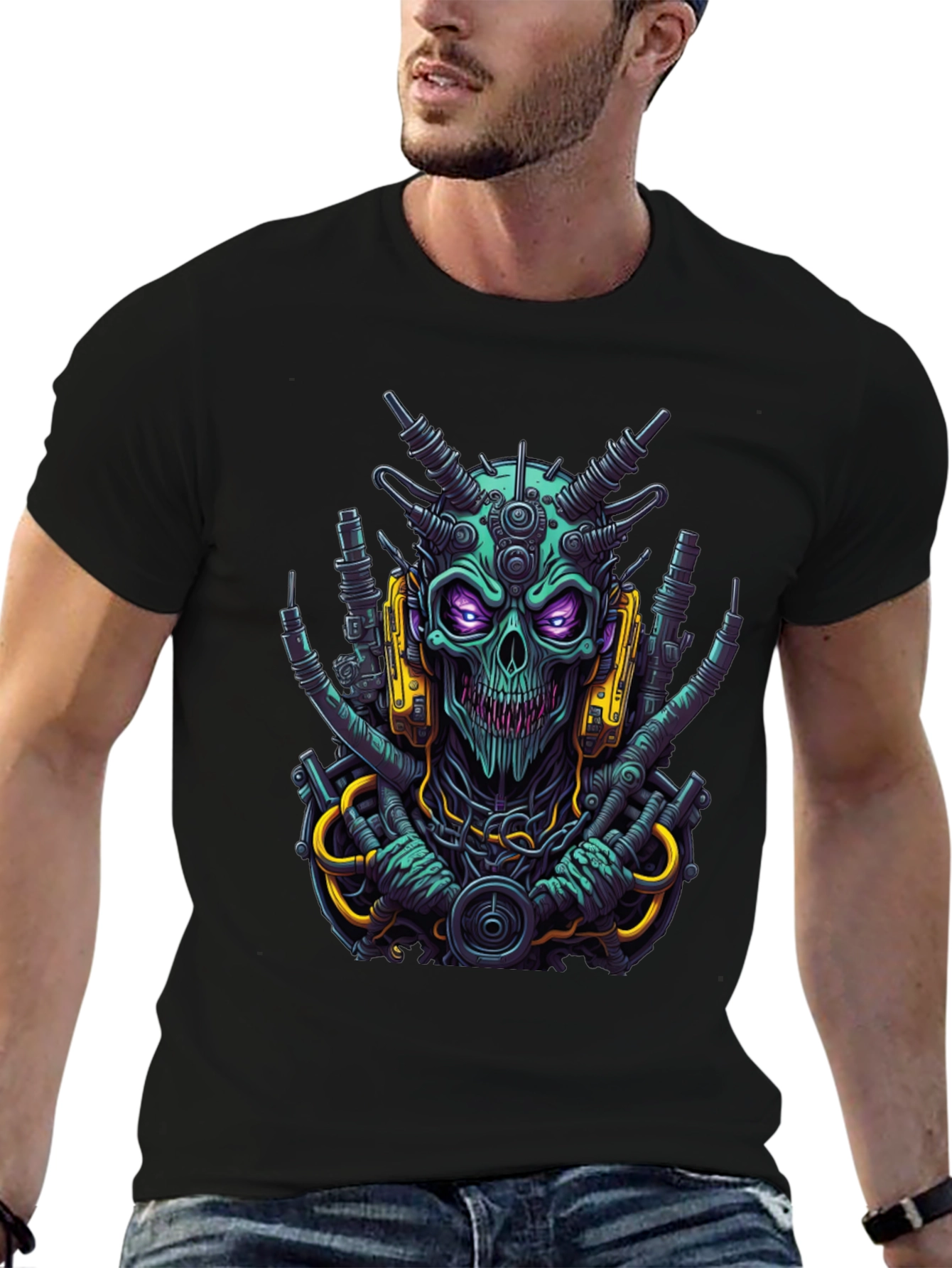Black Cyberpunk Skull T-Shirt - Bold Sci-Fi Style view 6