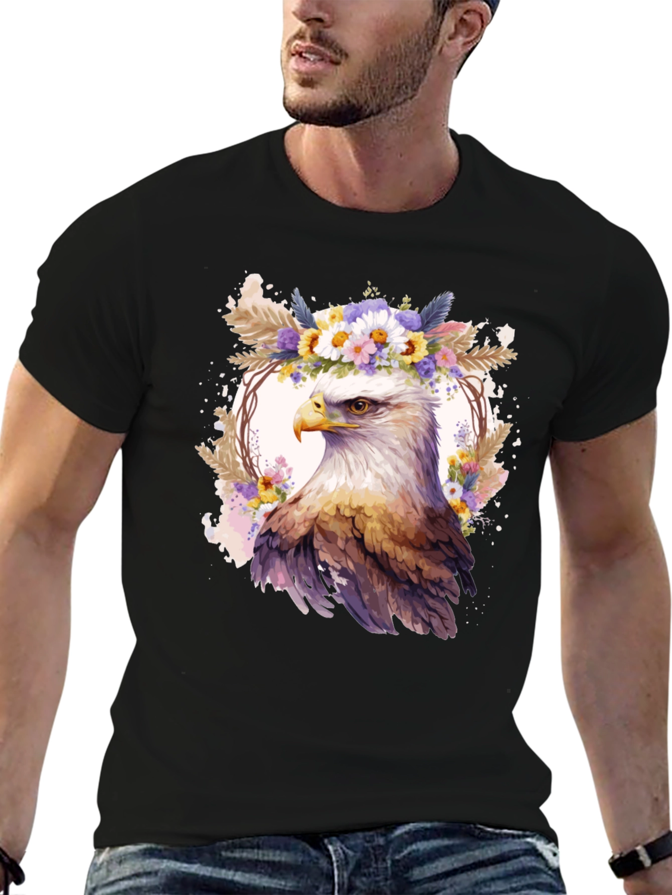 Black Eagle Floral Wreath Graphic T-Shirt view 6