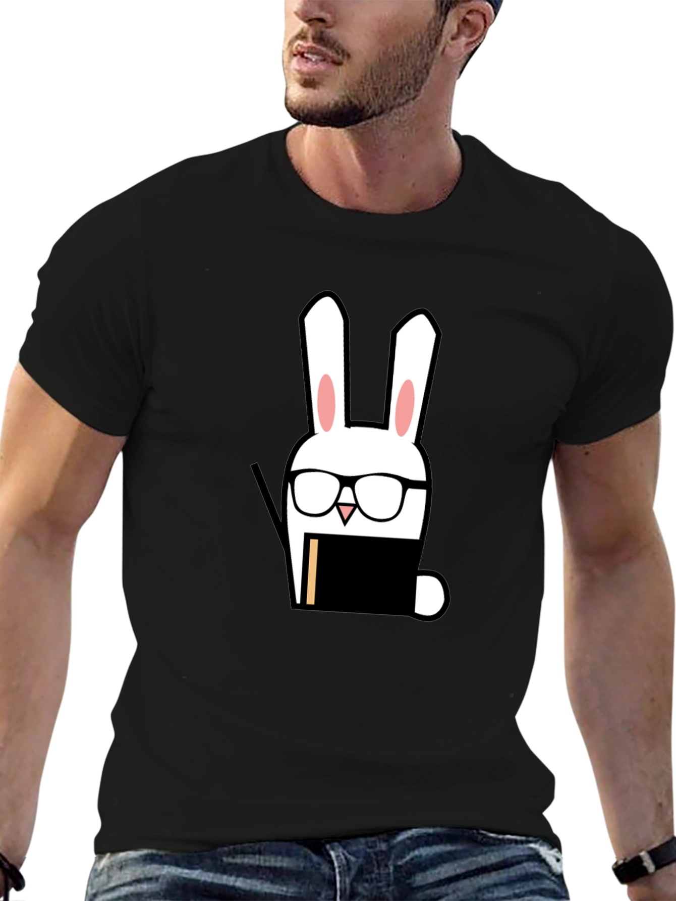 Black Nerdy Rabbit Graphic Tee - Black Cotton T-Shirt view 6