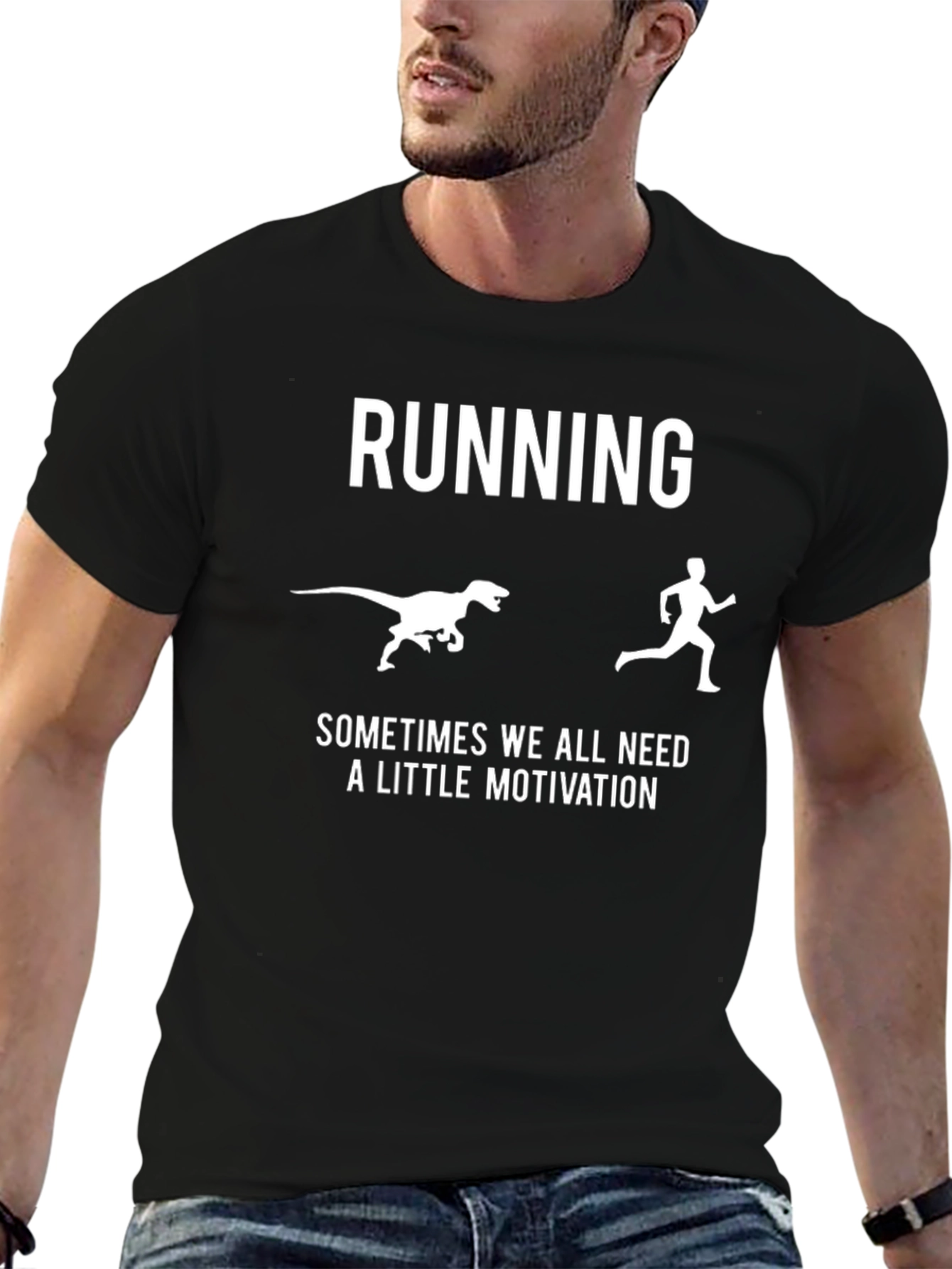 Black Running Motivation T-Shirt - Dinosaur Chase view 6