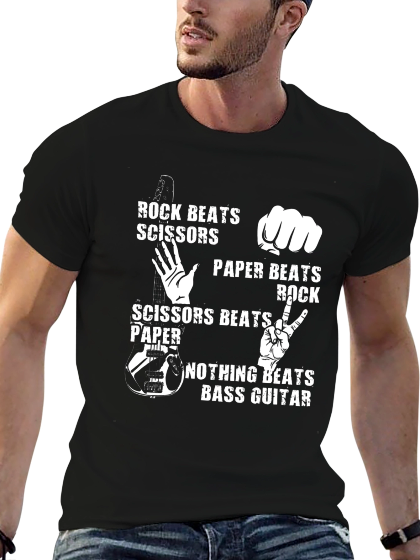 Black Rock Paper Scissors Bass Guitar Novelty T-Shirt view 6