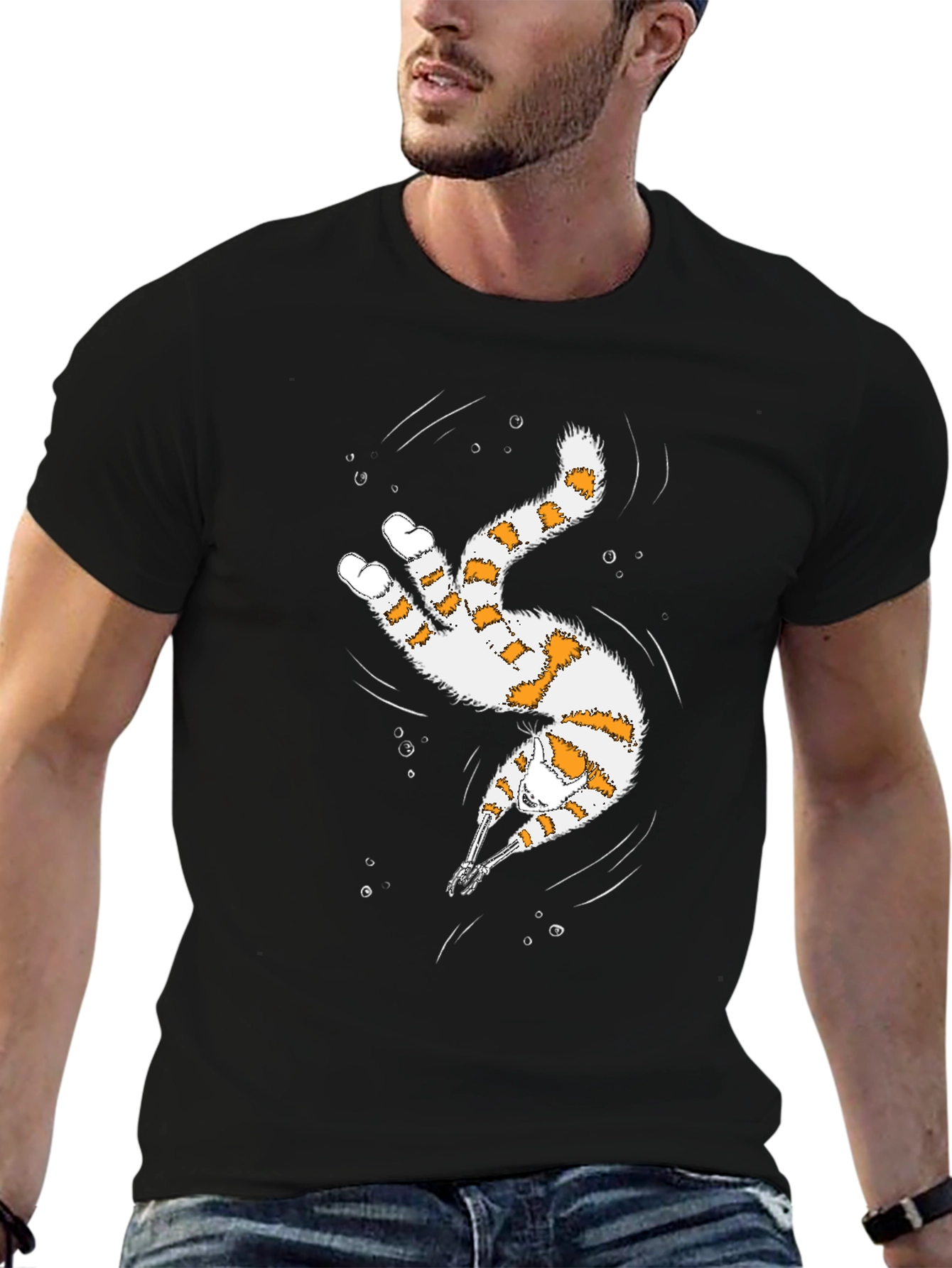 Black Whimsical Diving Cat Graphic Tee - Black view 6