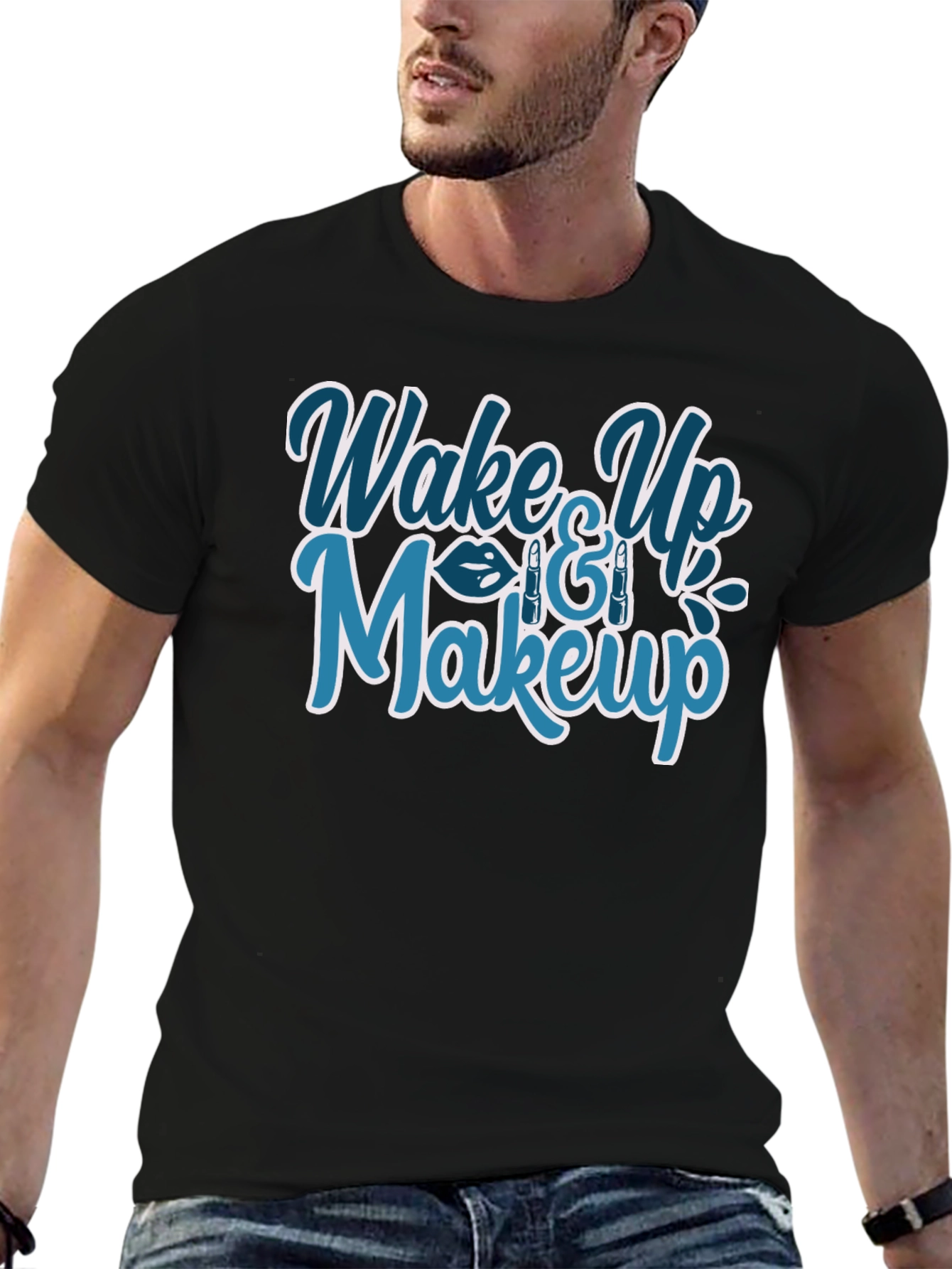 Black Wake Up & Makeup Graphic T-Shirt - Trendy Style view 6