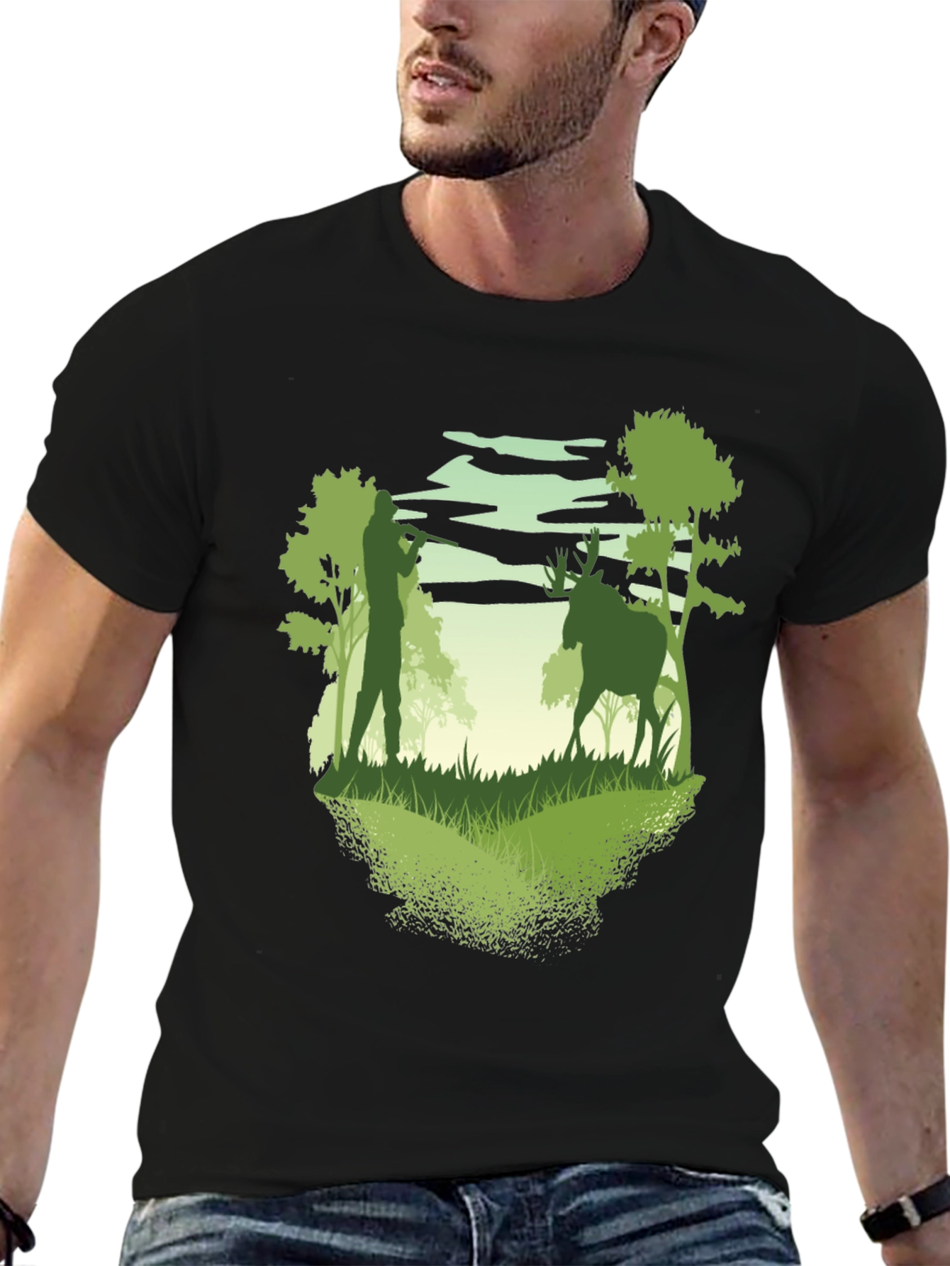 Black Hunter & Deer Graphic Tee - Nature Lover's T-Shirt view 6
