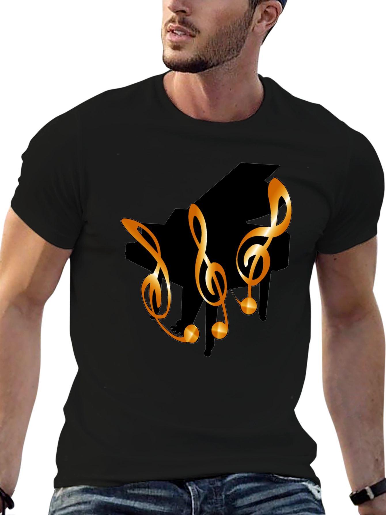 Black Musical T-Shirt with Piano & Treble Clef Design view 6