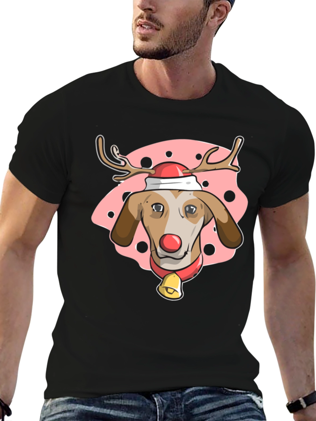 Black Festive Dog Reindeer T-Shirt - Holiday Cheer! view 6