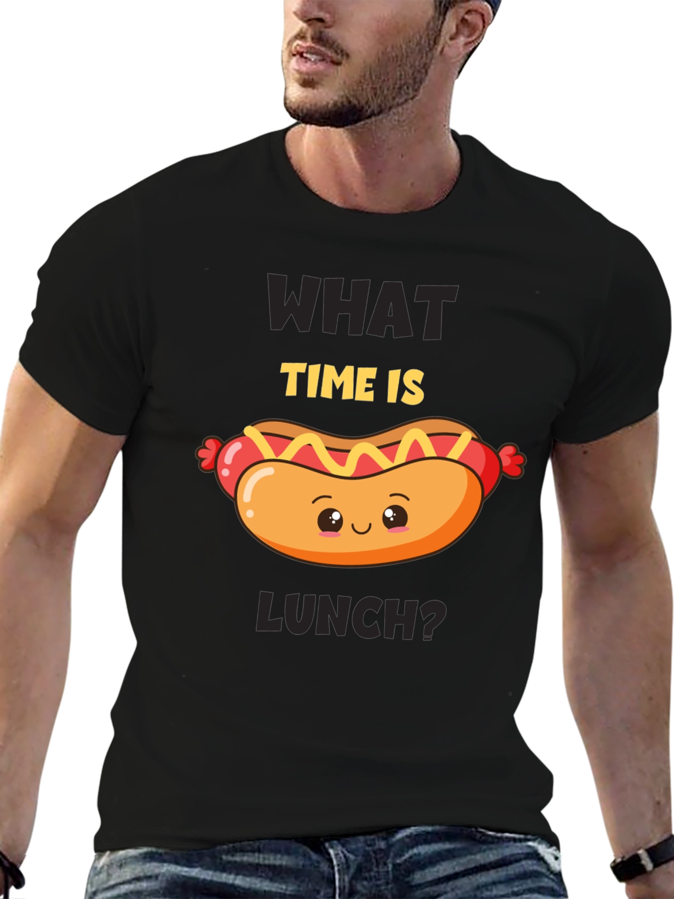 Black Funny Hot Dog T-Shirt - What Time Is Lunch? view 6