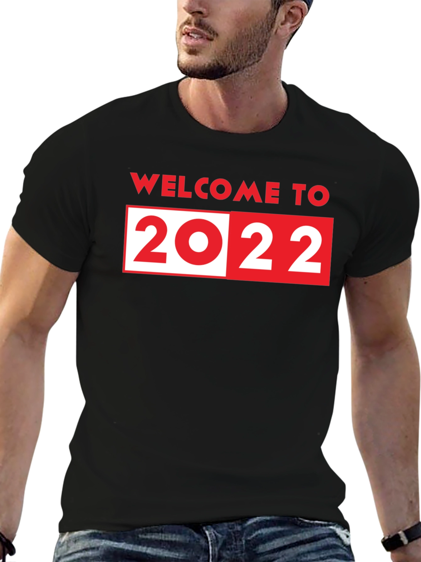 Black Welcome to 2022 T-Shirt - Black Crew Neck view 6