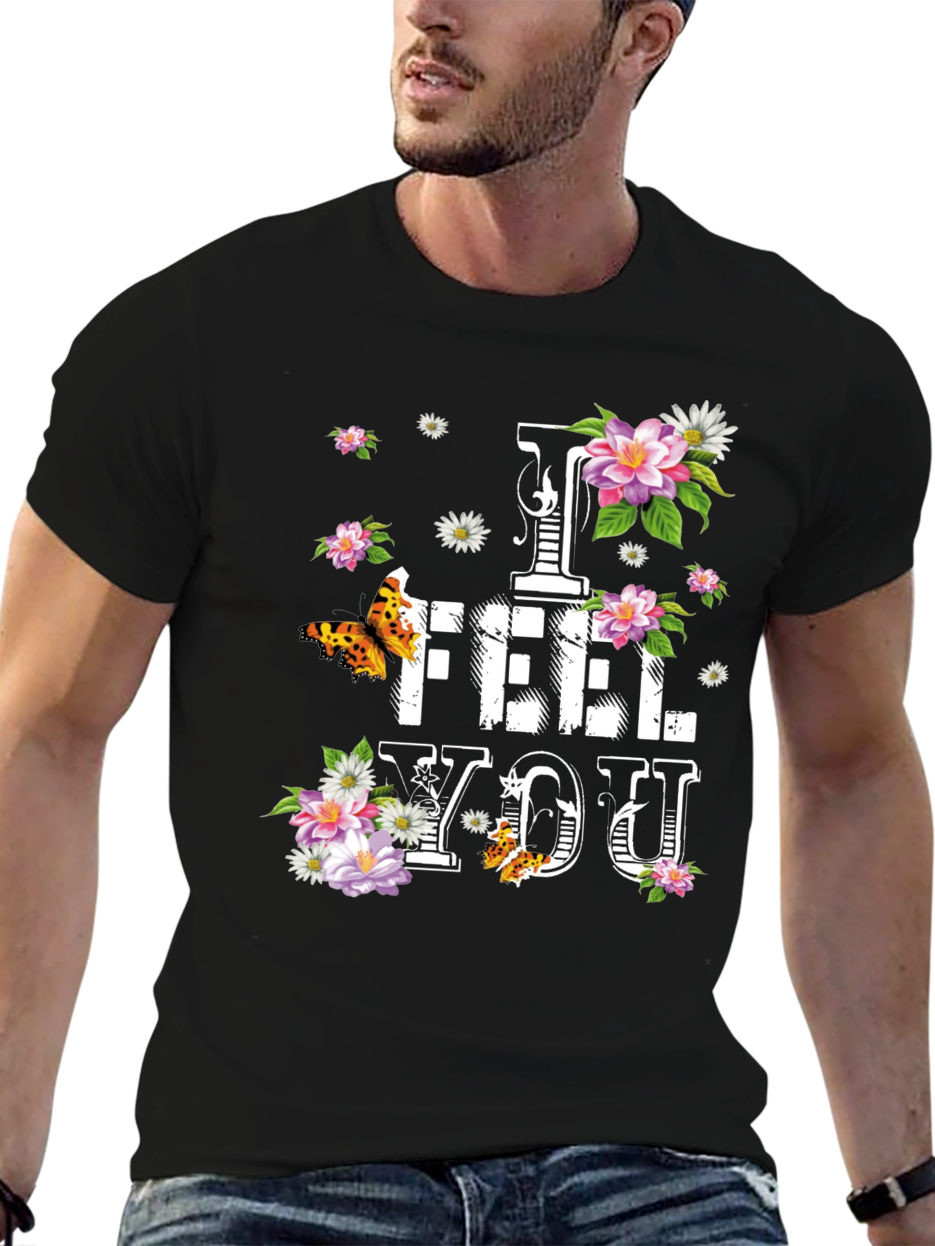 Black Floral "I FEEL YOU" Graphic T-Shirt - Stylish Comfort view 6