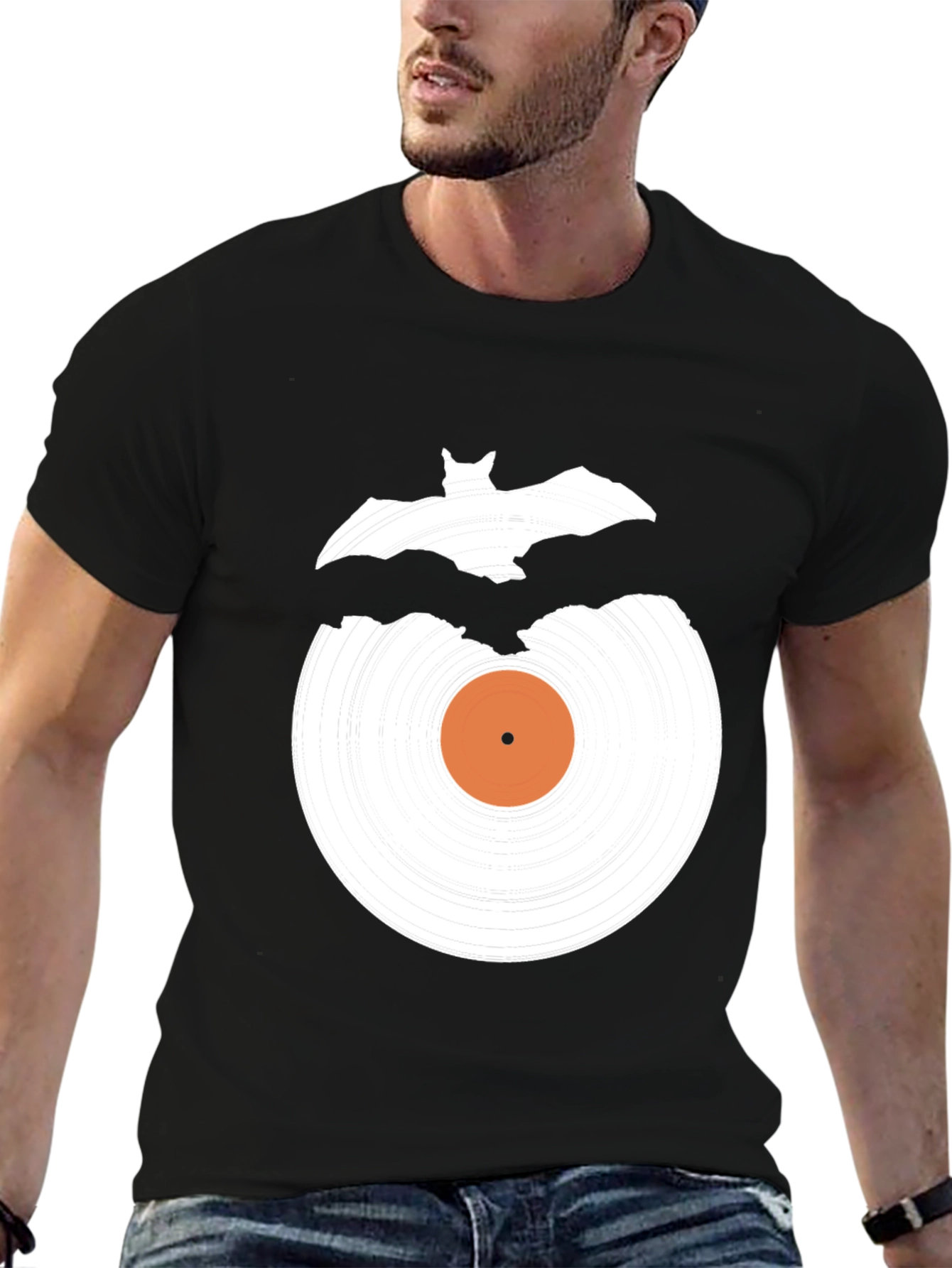 Black Bat Vinyl Record Graphic Tee - Halloween Style view 6