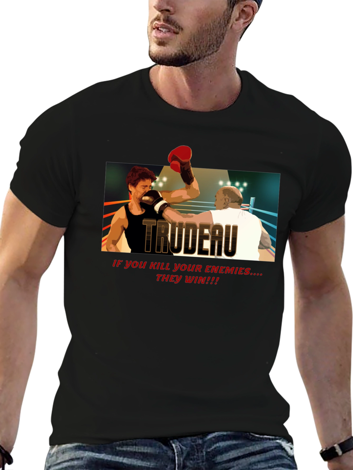 Black Trudeau Boxing Graphic Tee - Political Statement T-Shirt view 6