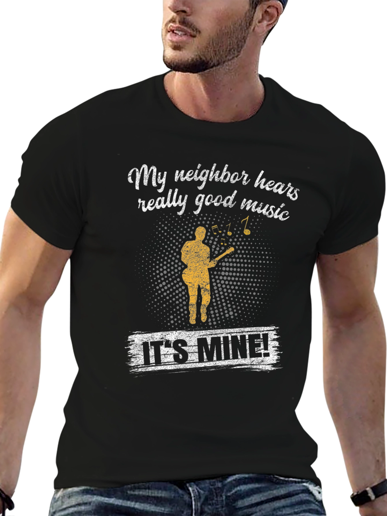 Black Funny "My Neighbor Hears Really Good Music" T-Shirt view 6