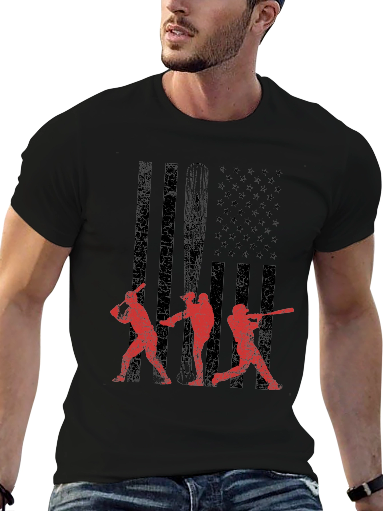 Black Baseball USA Flag Graphic T-Shirt view 6