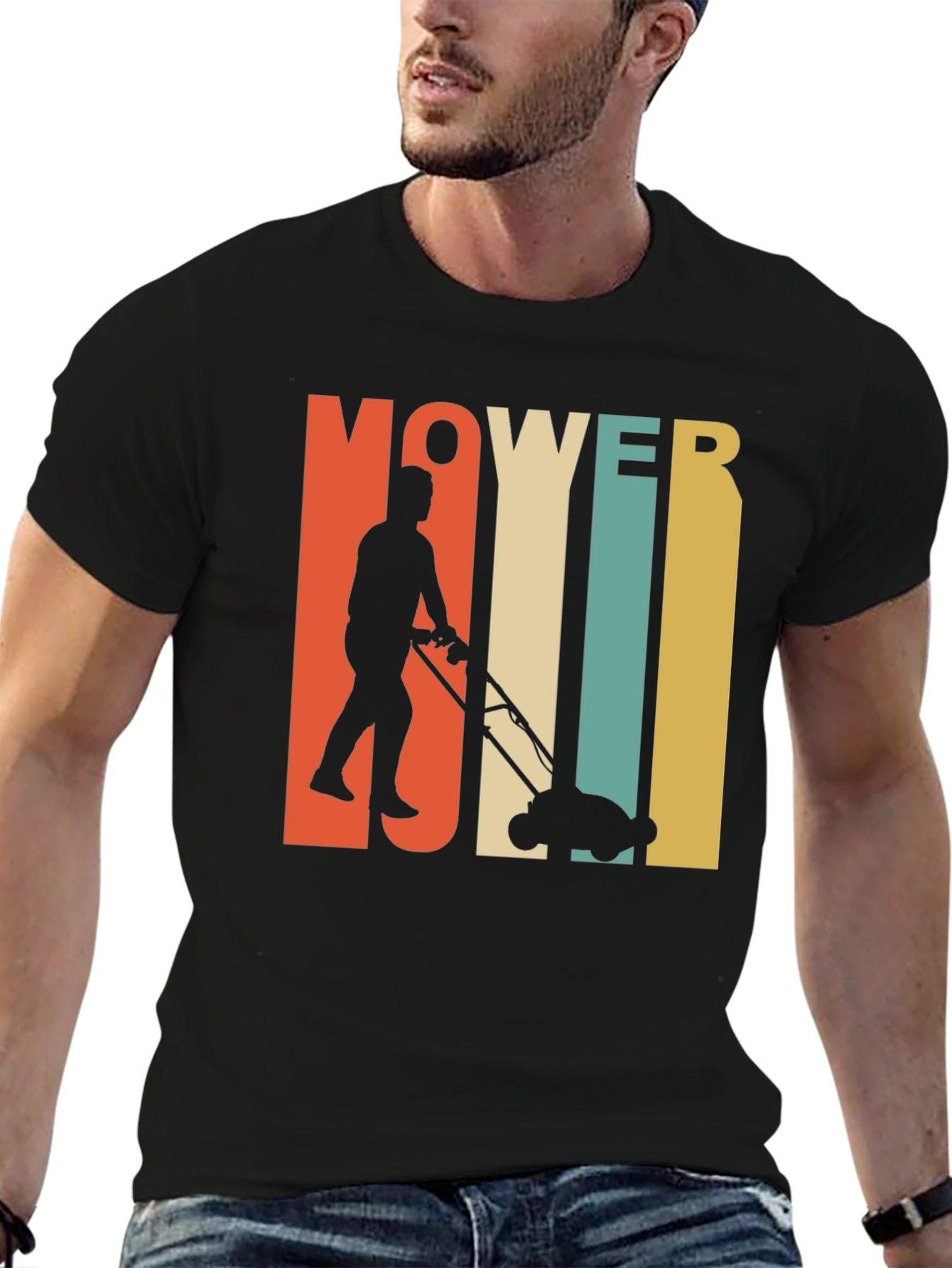 Black Vintage Mower Man T-Shirt - Retro Lawn Care Design view 6