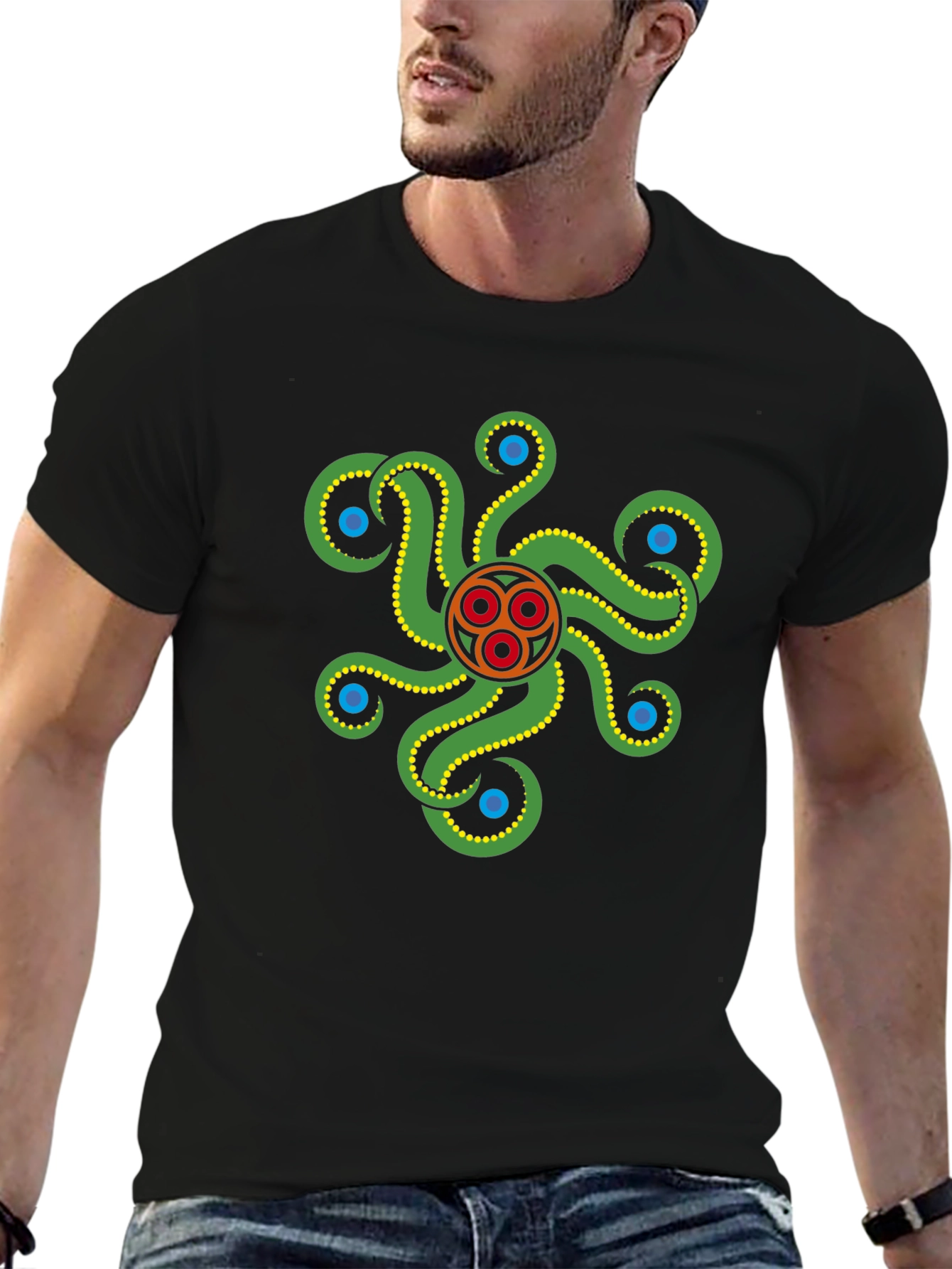 Black Black Tee with Green Octopus Graphic view 6
