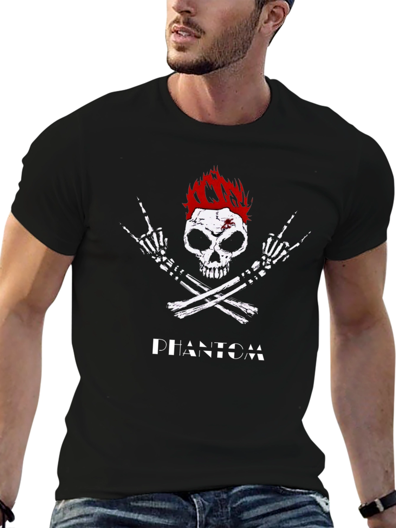 Black Phantom Skull Rocker Tee - Black Graphic T-Shirt view 6