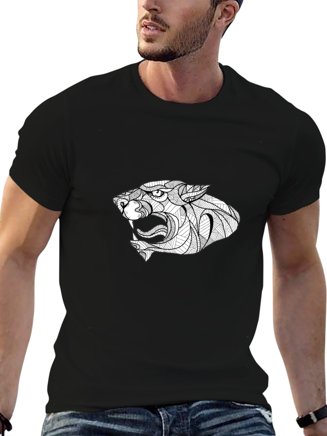 Black Black T-Shirt with Stylized Panther Graphic view 6