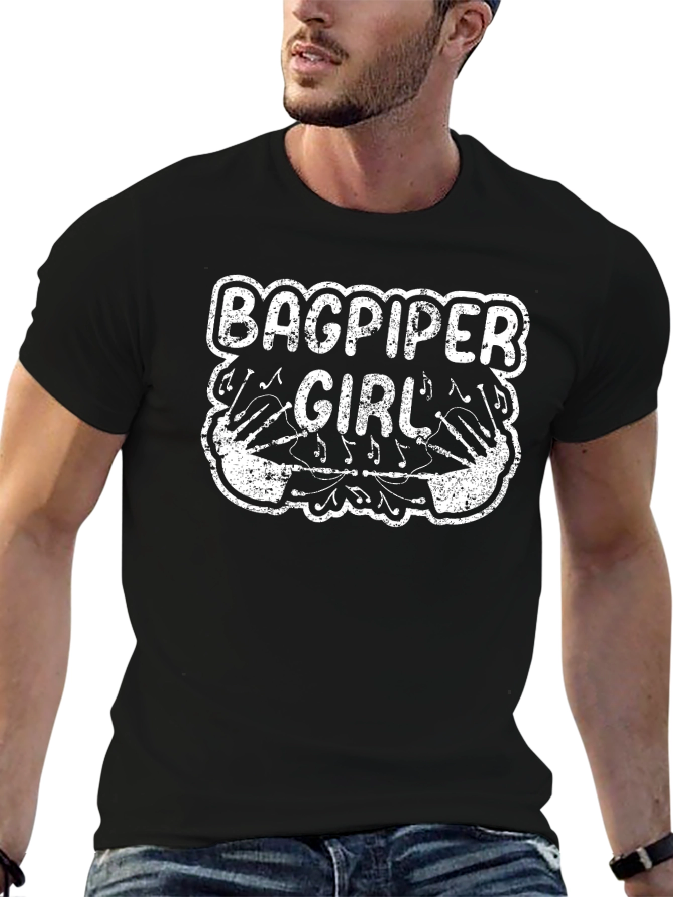 Black Bagpiper Girl Graphic Tee - Unisex Black T-Shirt view 6