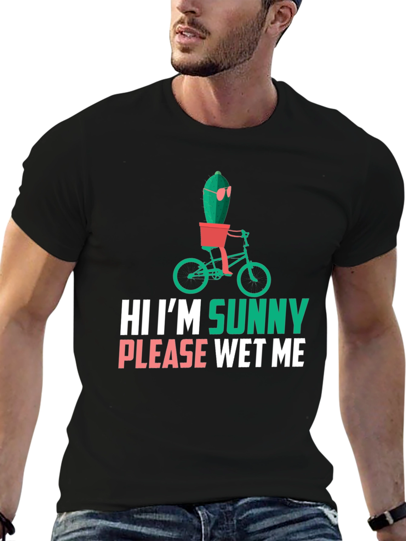 Black Funny Cactus T-Shirt - "Hi I'm Sunny, Please Wet Me" view 6