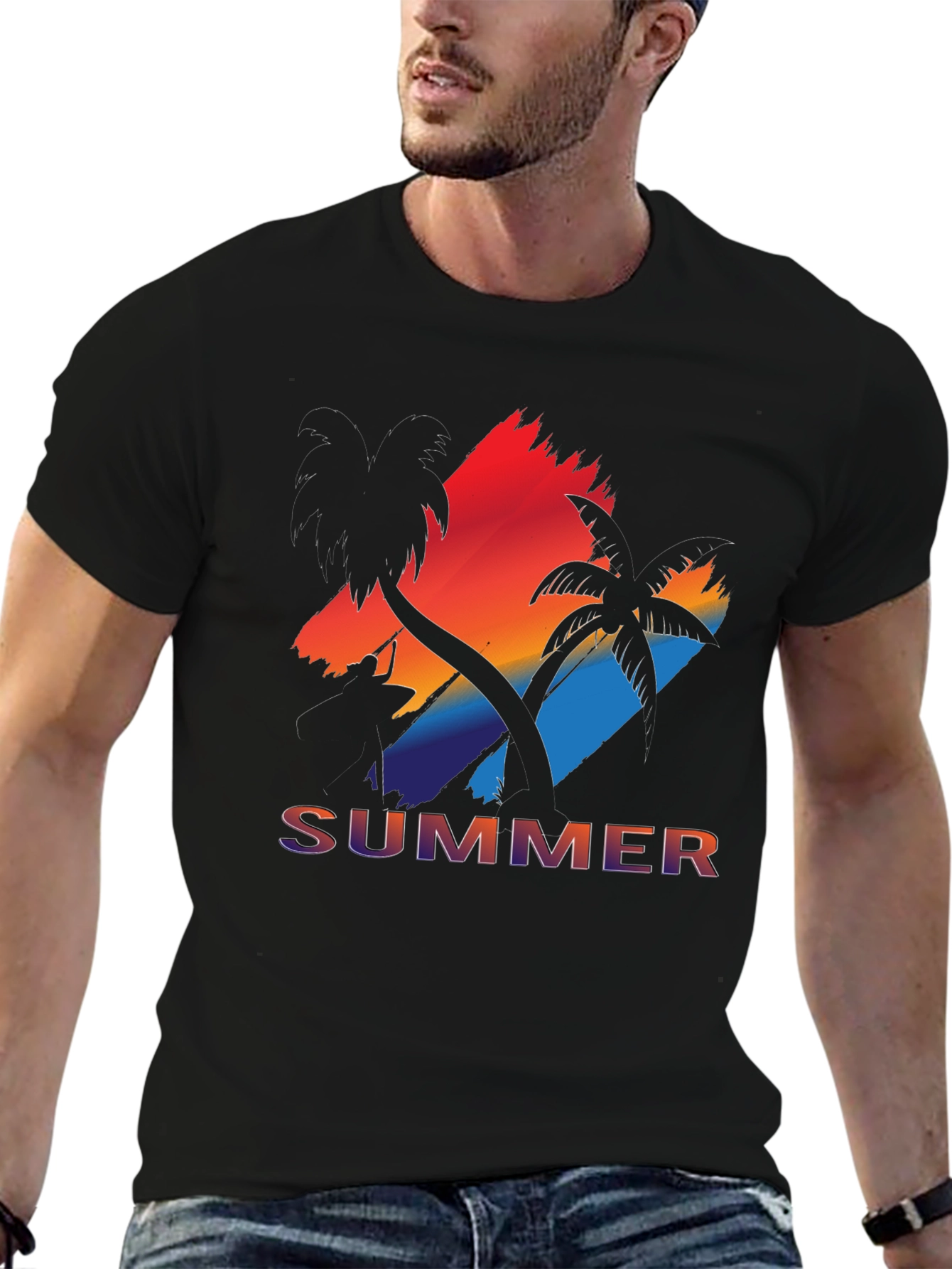 Black Summer Vibes Graphic Tee - Palm Tree Sunset view 6