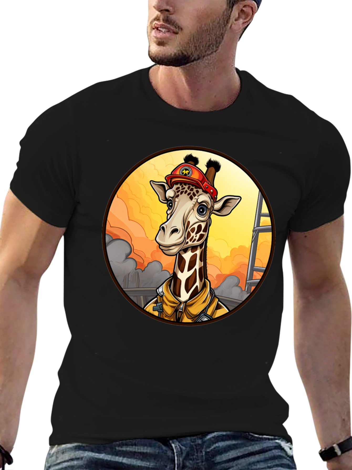Black Giraffe Firefighter T-Shirt - Unique Cartoon Design view 6