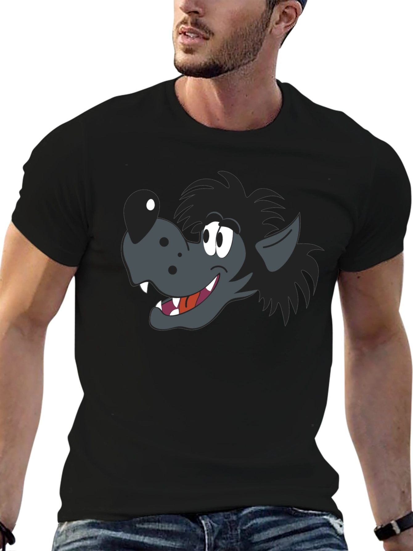 Black Cartoon Wolf Graphic Black T-Shirt view 6