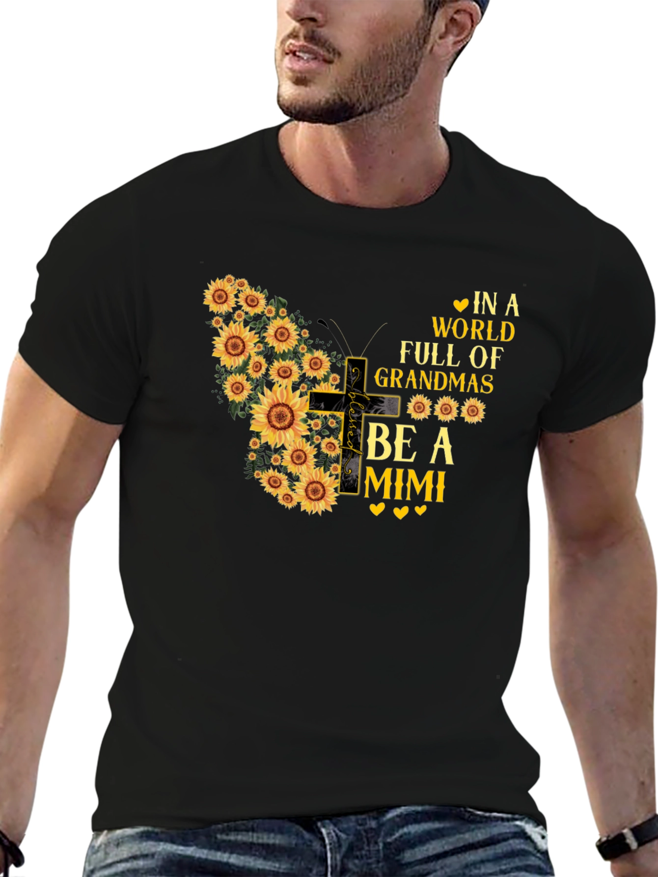 Black Sunflower Butterfly Grandma Mimi T-Shirt view 6