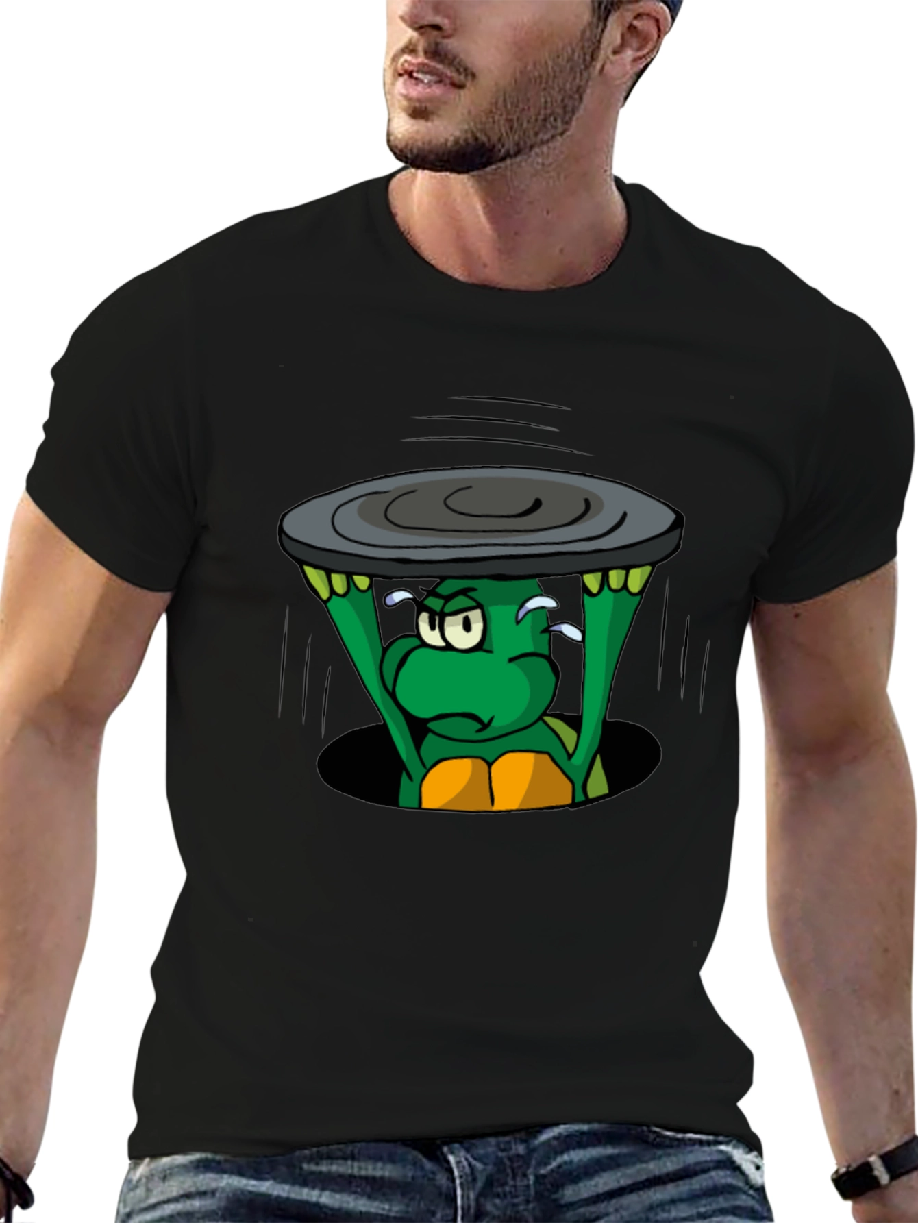 Black Cartoon Turtle Lifting Manhole Cover Black T-Shirt view 6