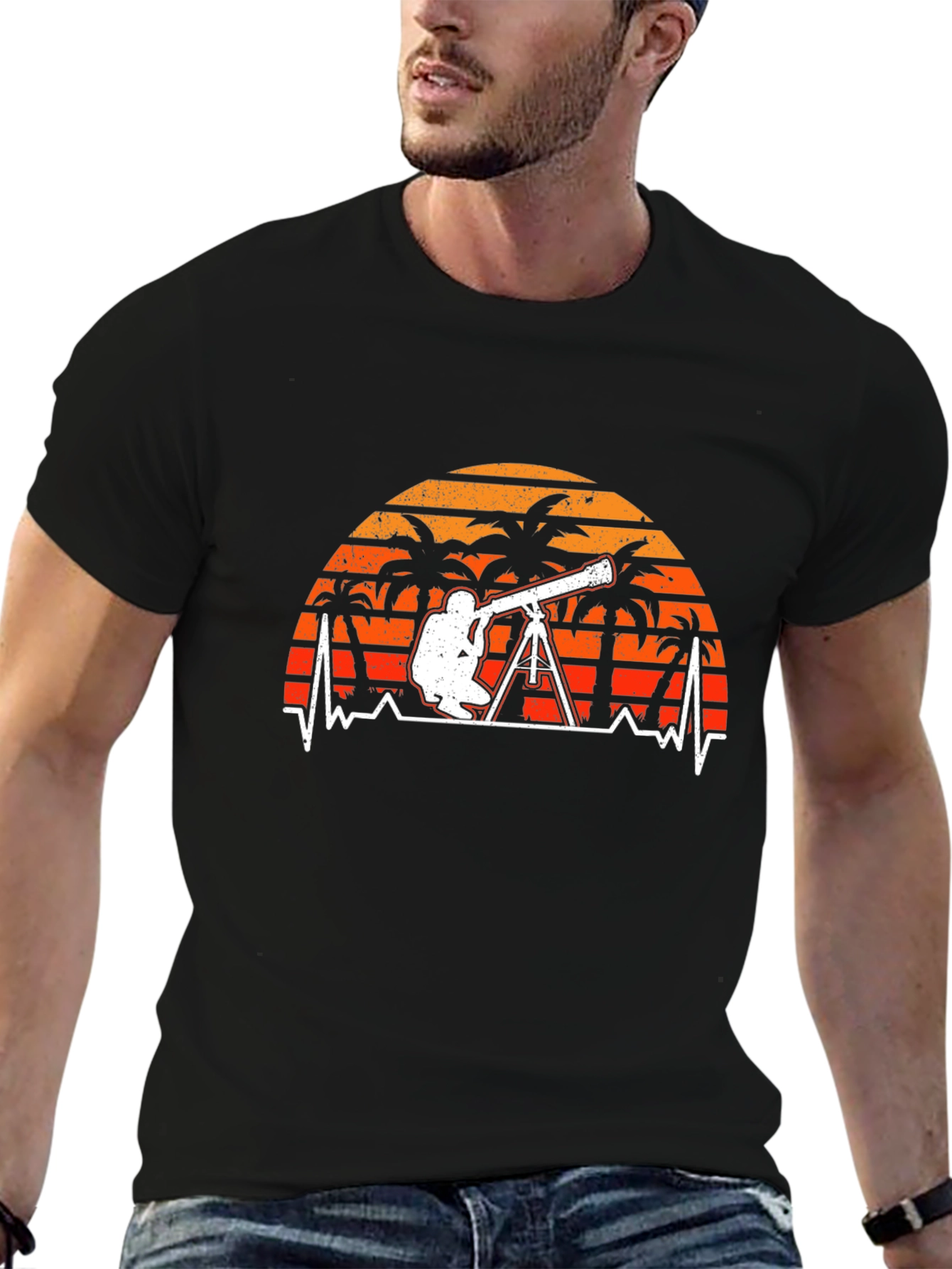 Black Astronomy T-Shirt: Telescope Heartbeat Sunset Design view 6