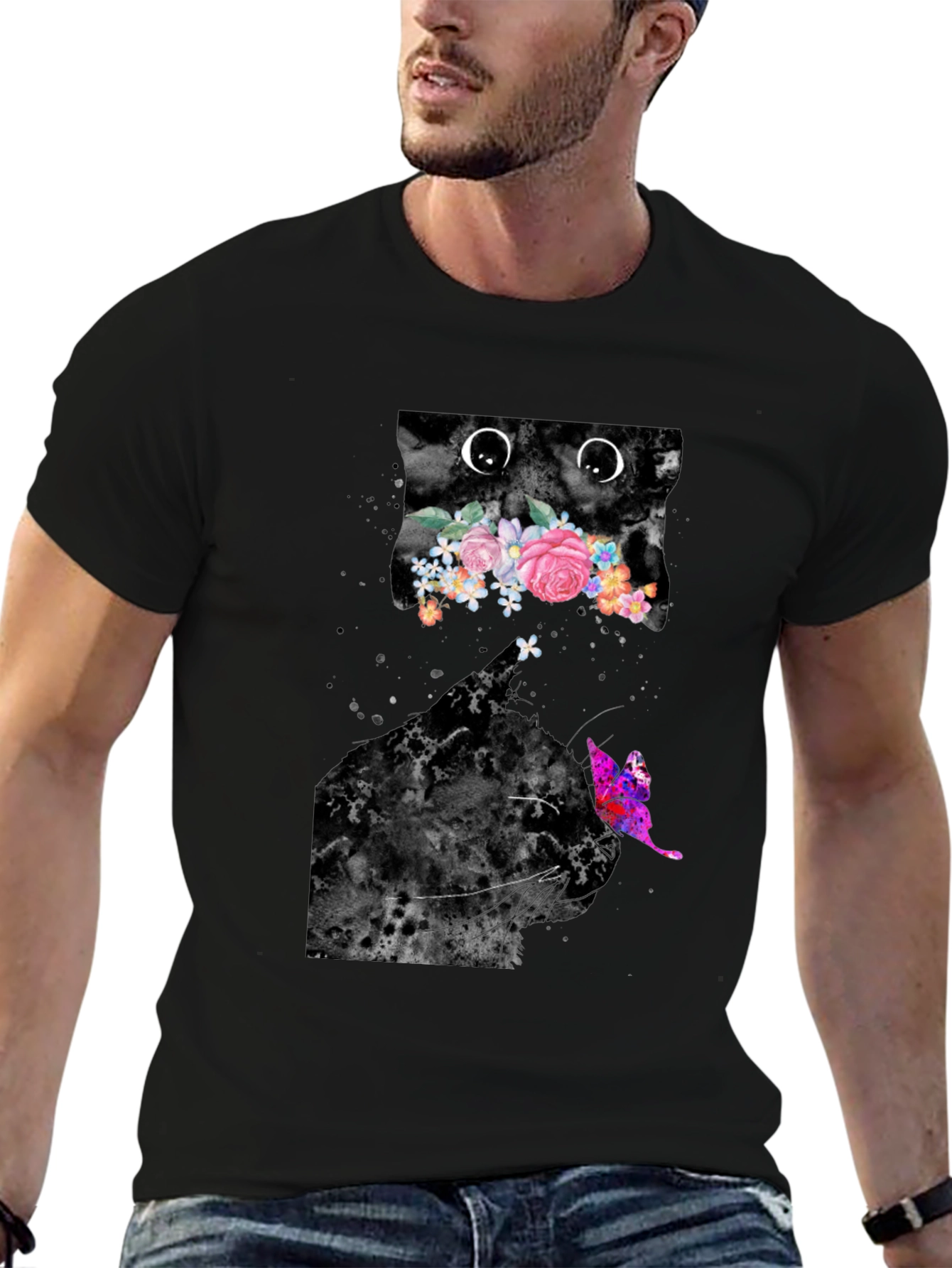 Black Floral Cat Graphic Tee - Trendy Men's Black T-Shirt view 6