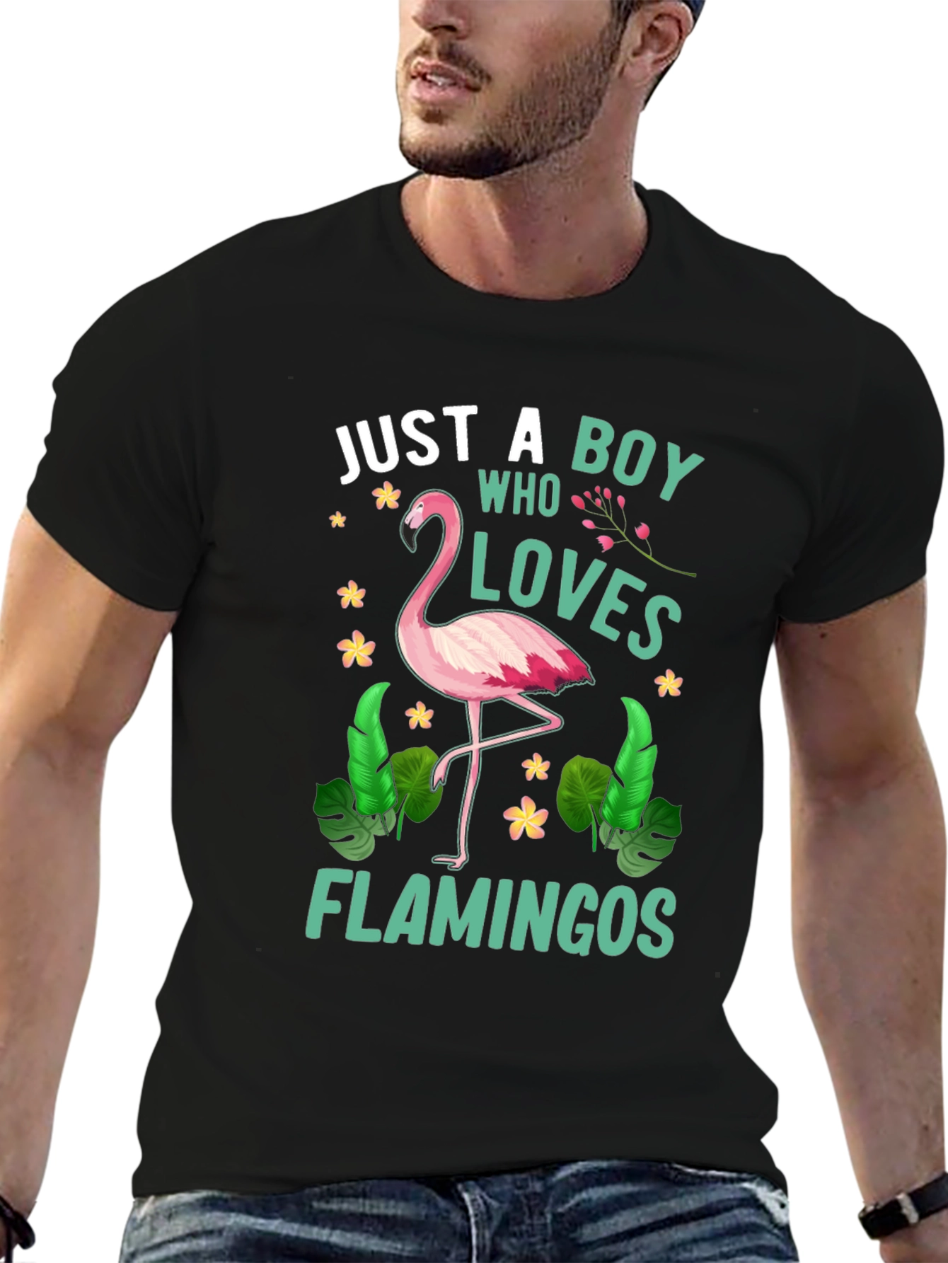 Black Just A Boy Who Loves Flamingos T-Shirt view 6