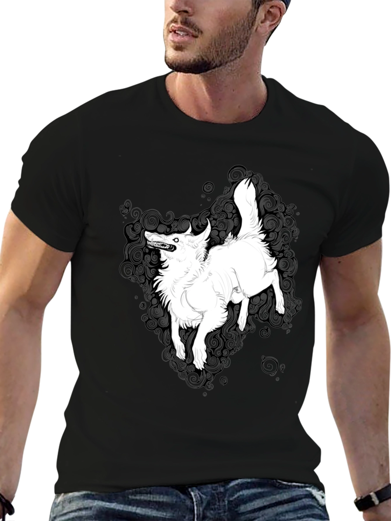 Black Black Graphic Tee - White Wolf Print view 6